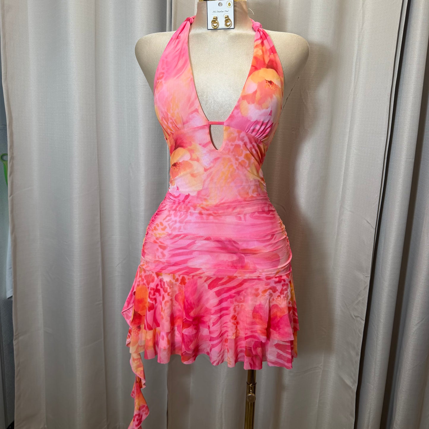Halter Leopard flower Dress-Pink