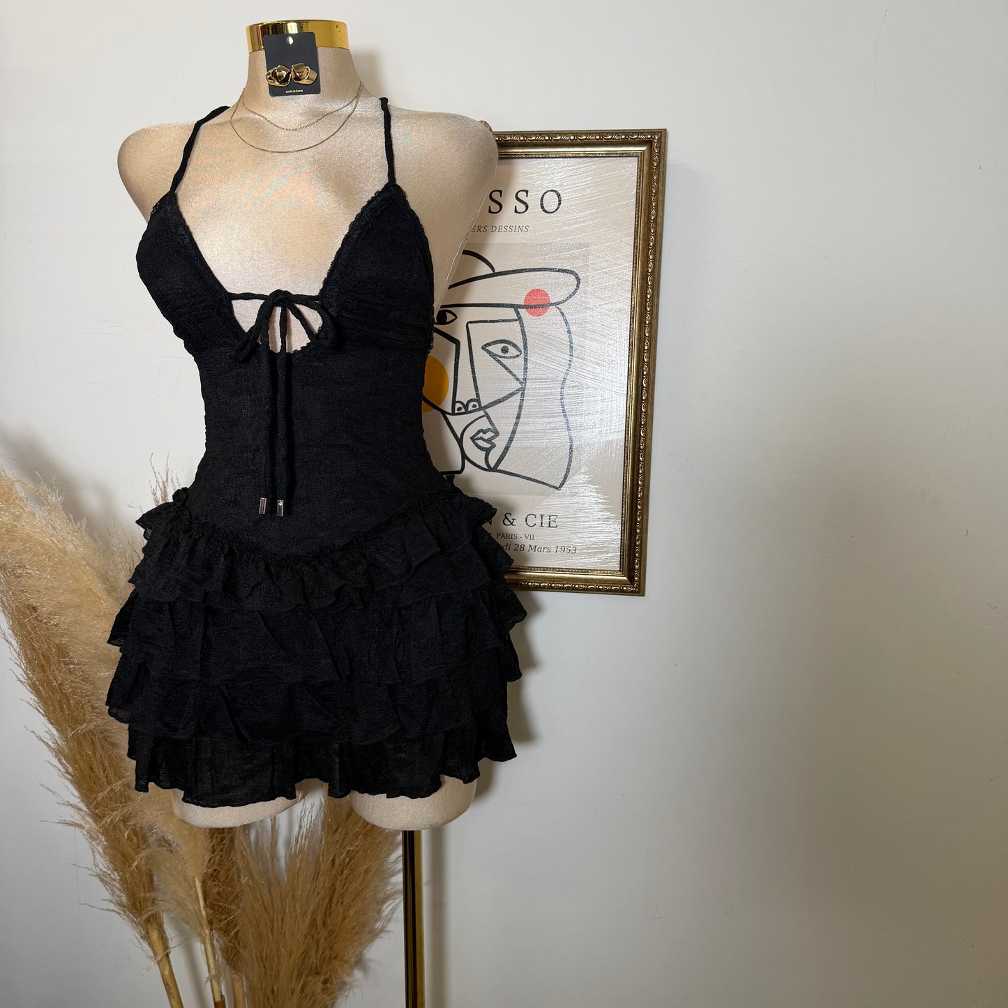 Ruffle lace-Up Mini Dress-Black