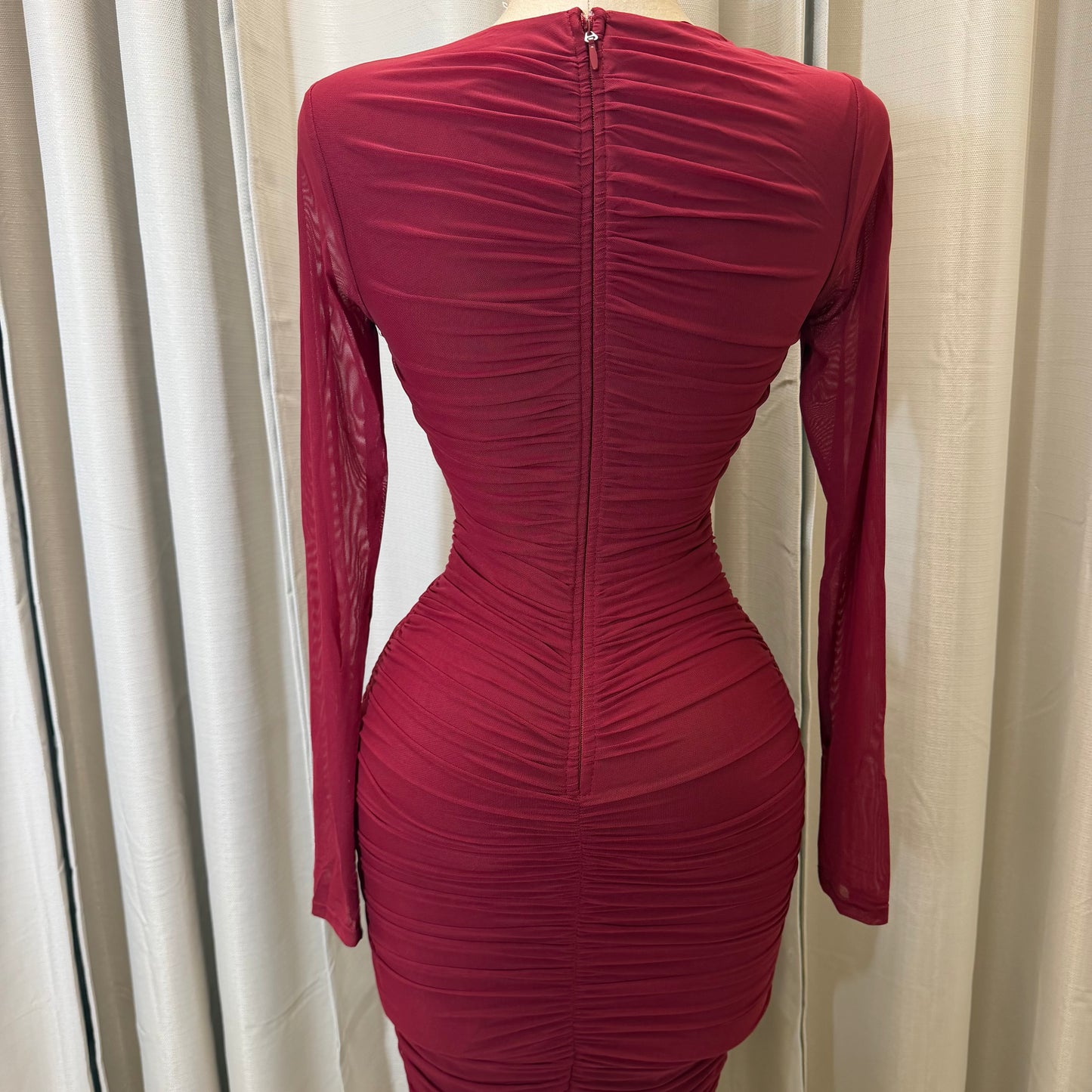 Mesh Long Sleeve Midi Dress w/ a U wire insert-Wine/Burgundy