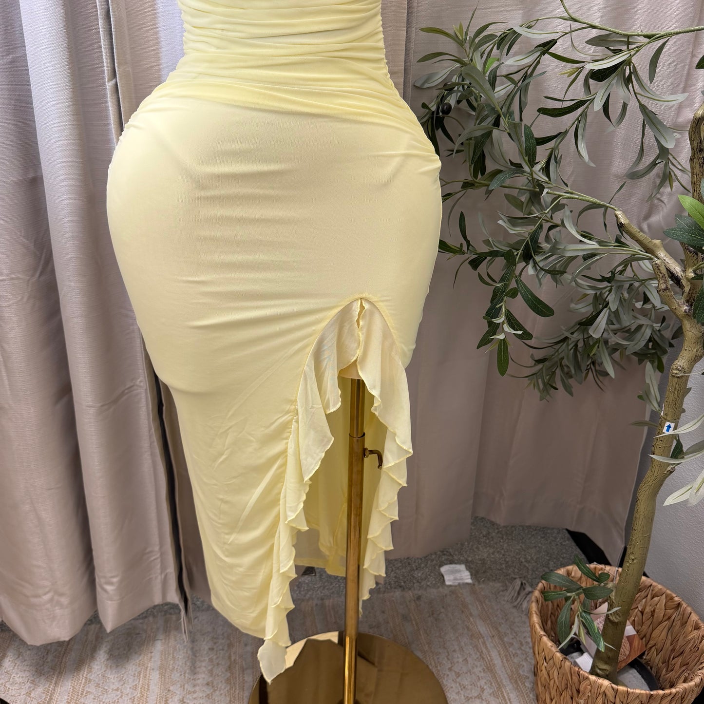 Mesh draped Slit Midi Dress-butter yellow