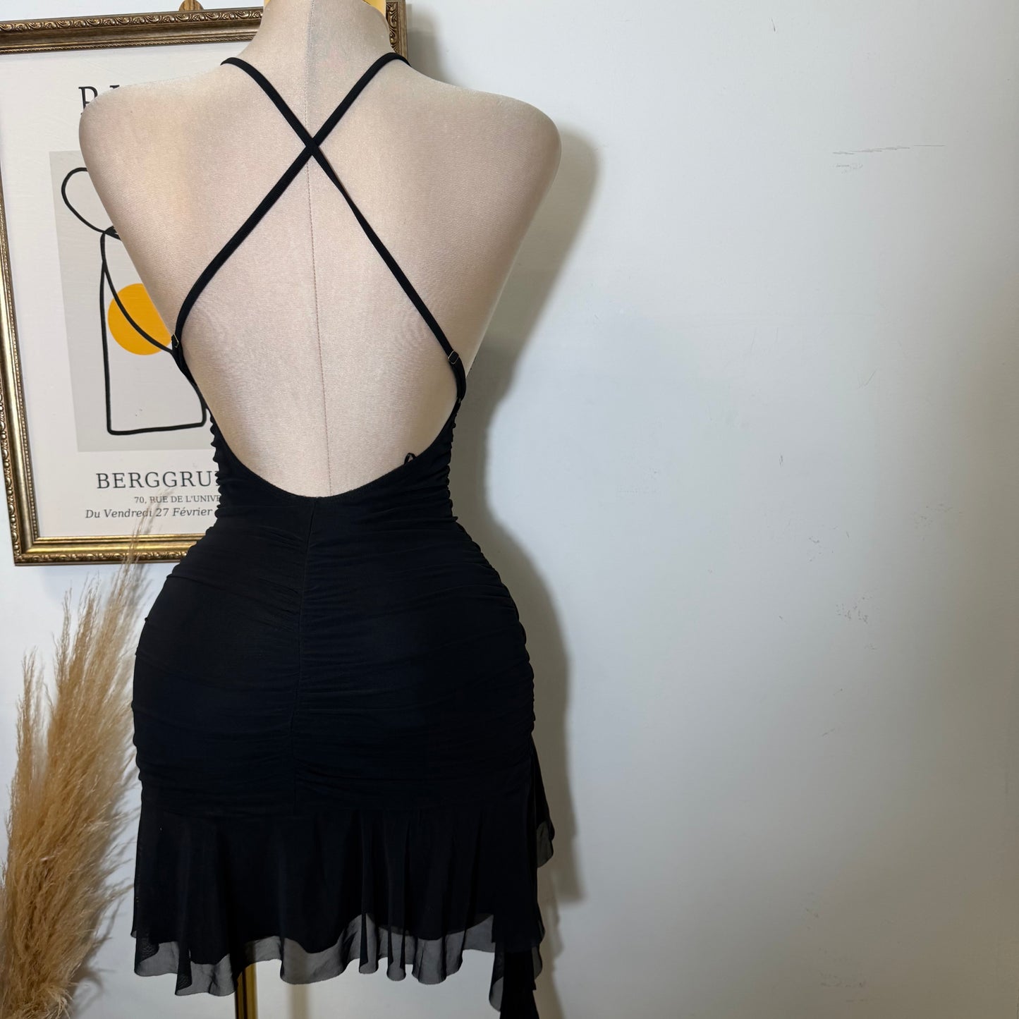Asymmetrical Ruffle Mini Dress with Cross-Back Straps-Black