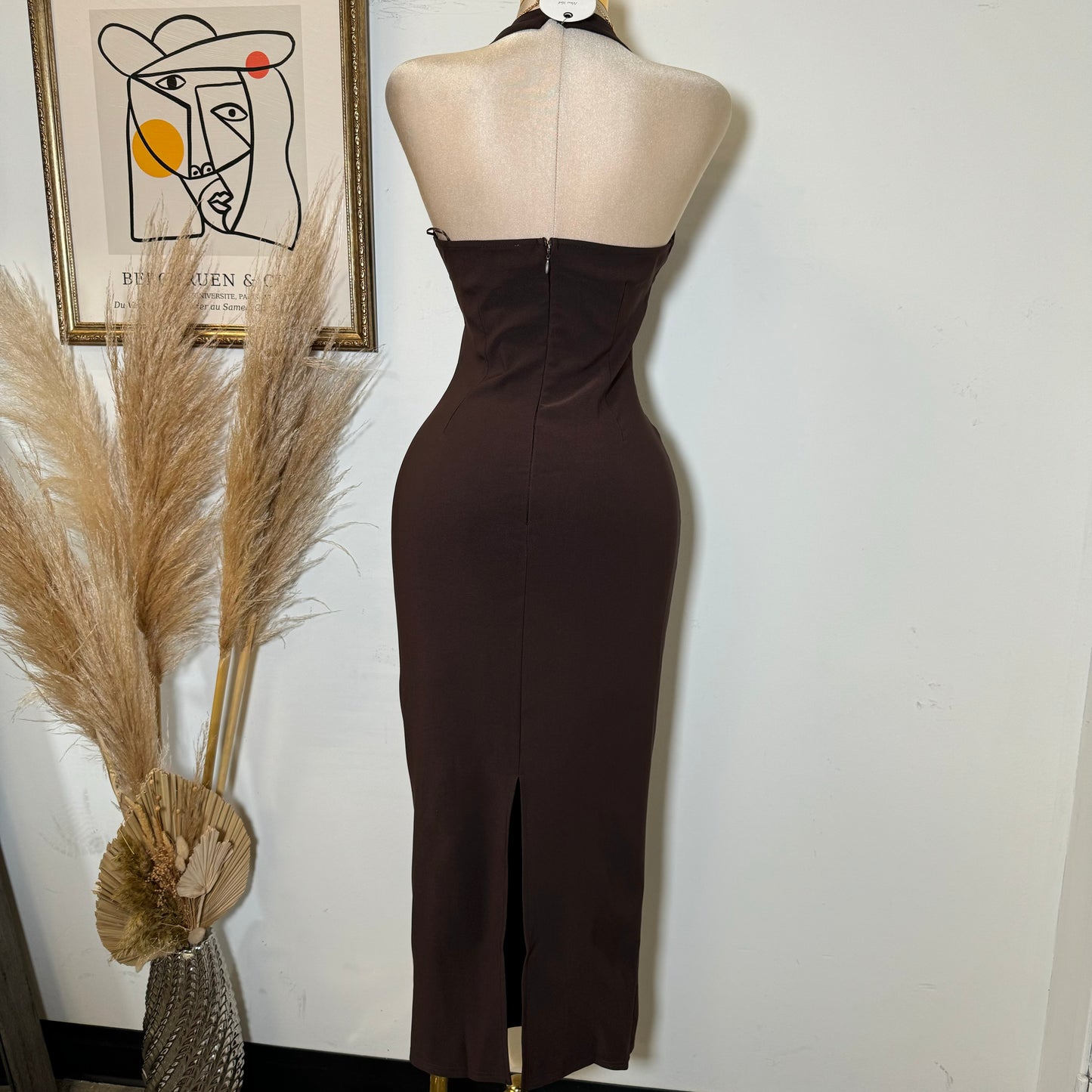 Fine Stretch Woven Halter Neck Fitted  Midi Dress-Brown