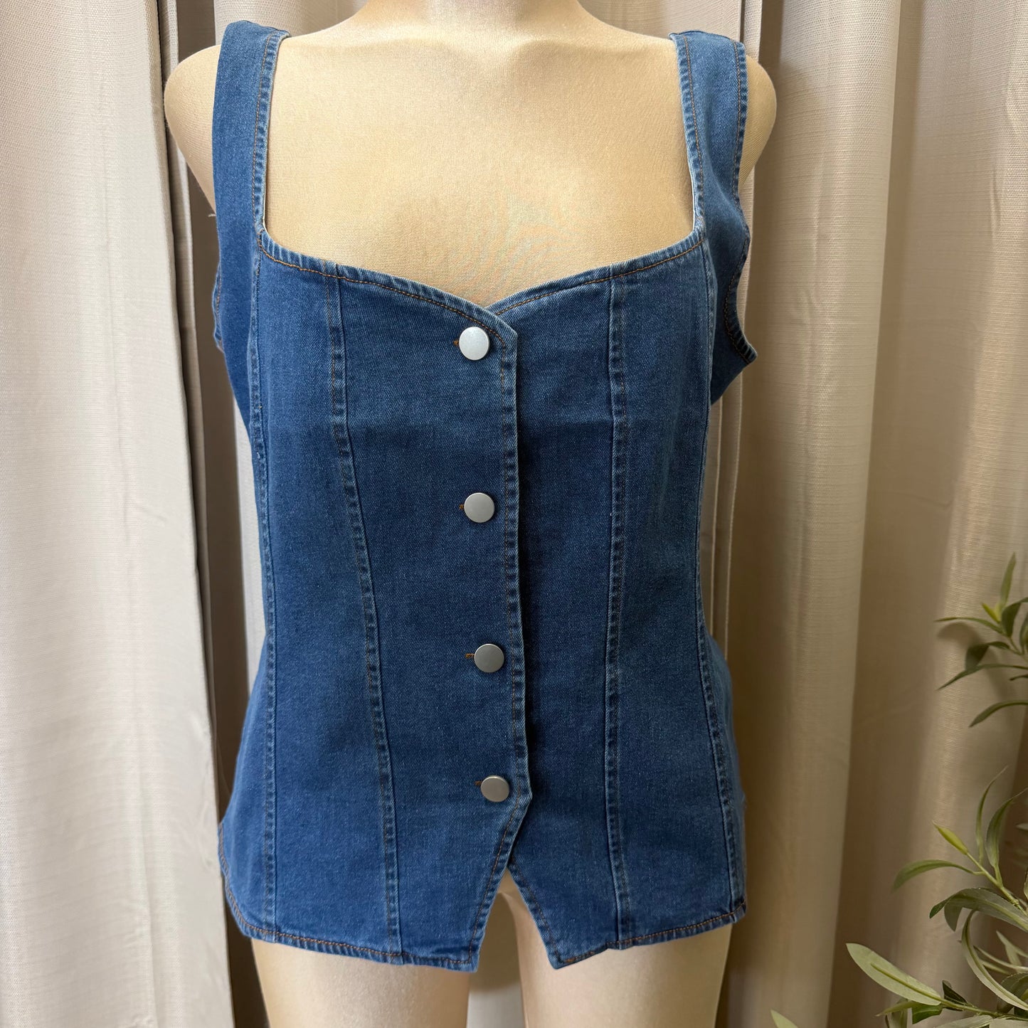 PL-Denim Button Up Vest-Blue denim