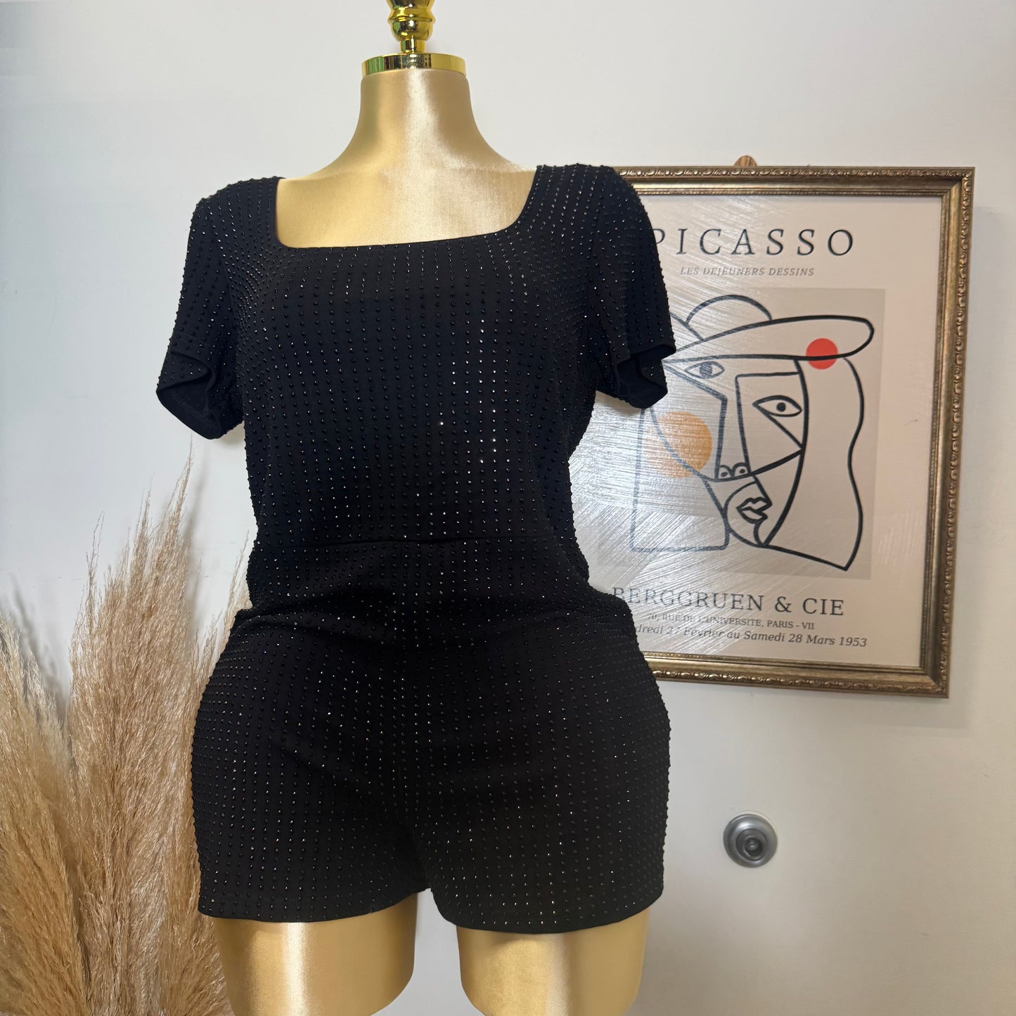 PL Shorts Sleeve Rhinestone Romper-Black