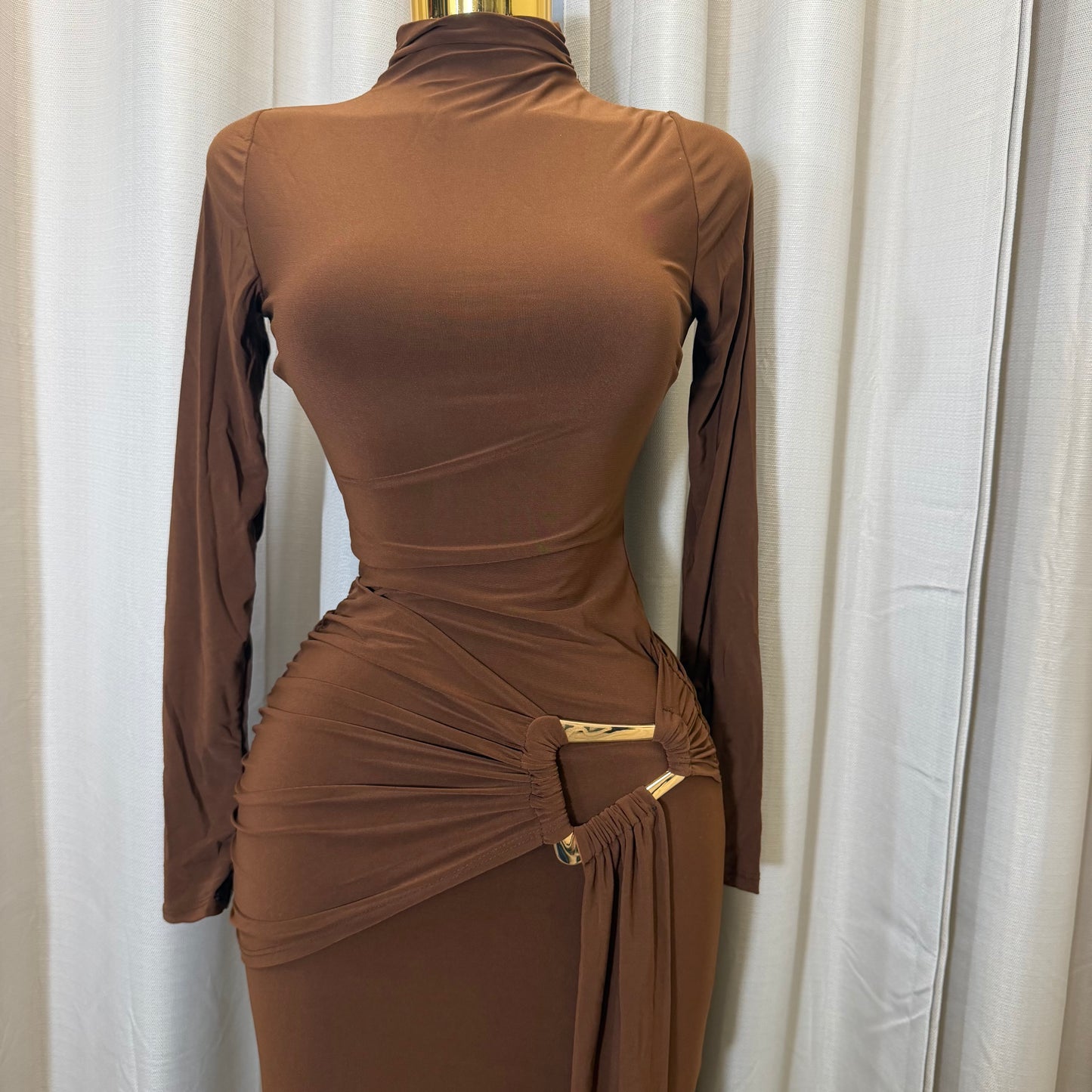 Long sleeve  Solid Double Layer Front Sash Midi Dress-Brown