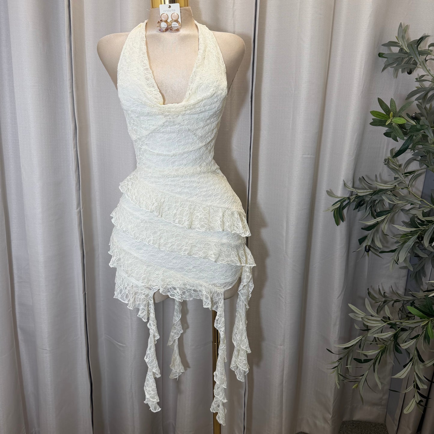 Halter lace mini dress with layered skirt-Ivory