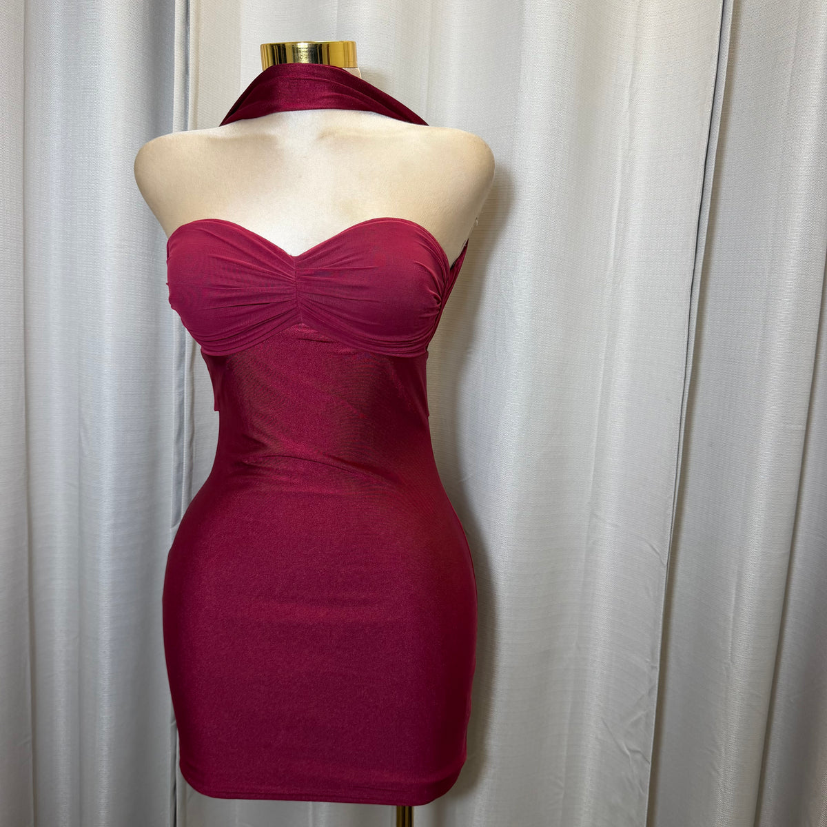 Knit Satin with Mesh Contrast Neck Band Dress-Red