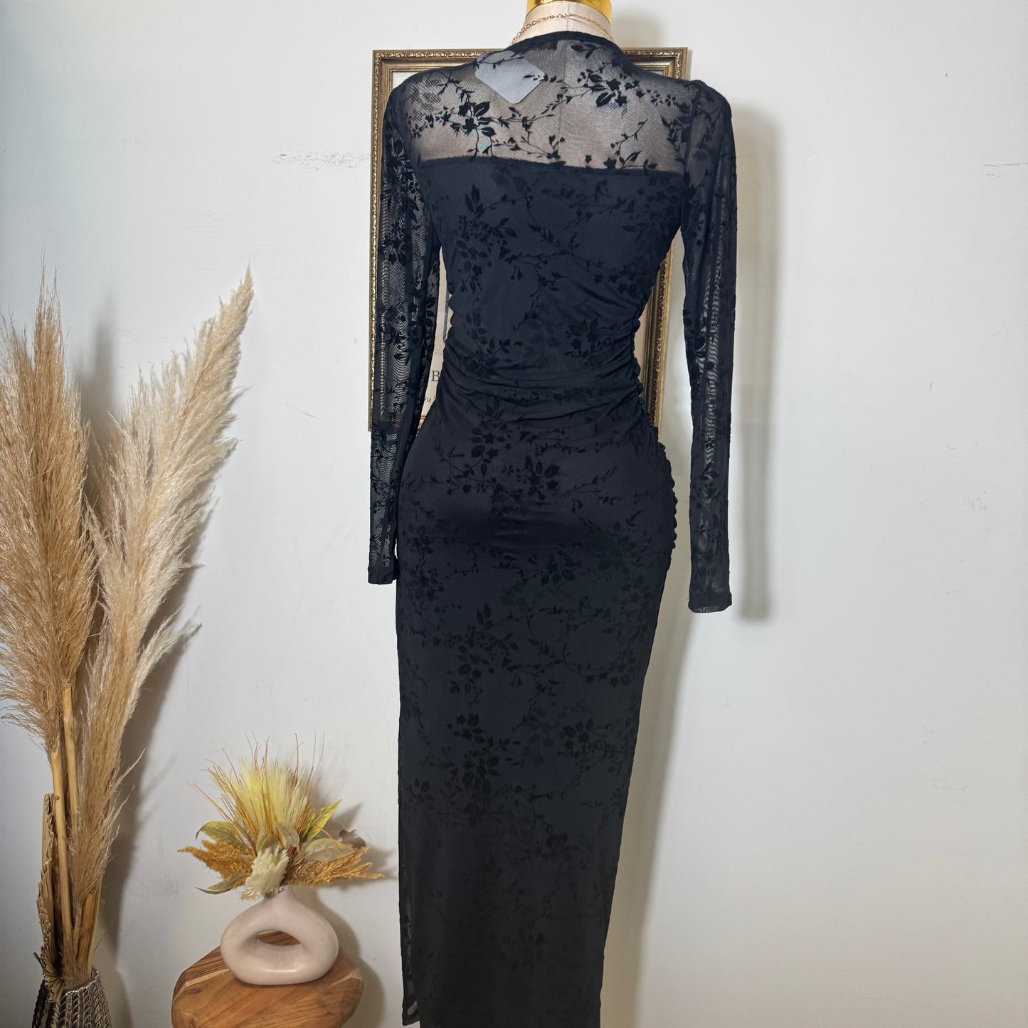 Long Sleeve Flocked Mesh Ruched Maxi Dress-Black