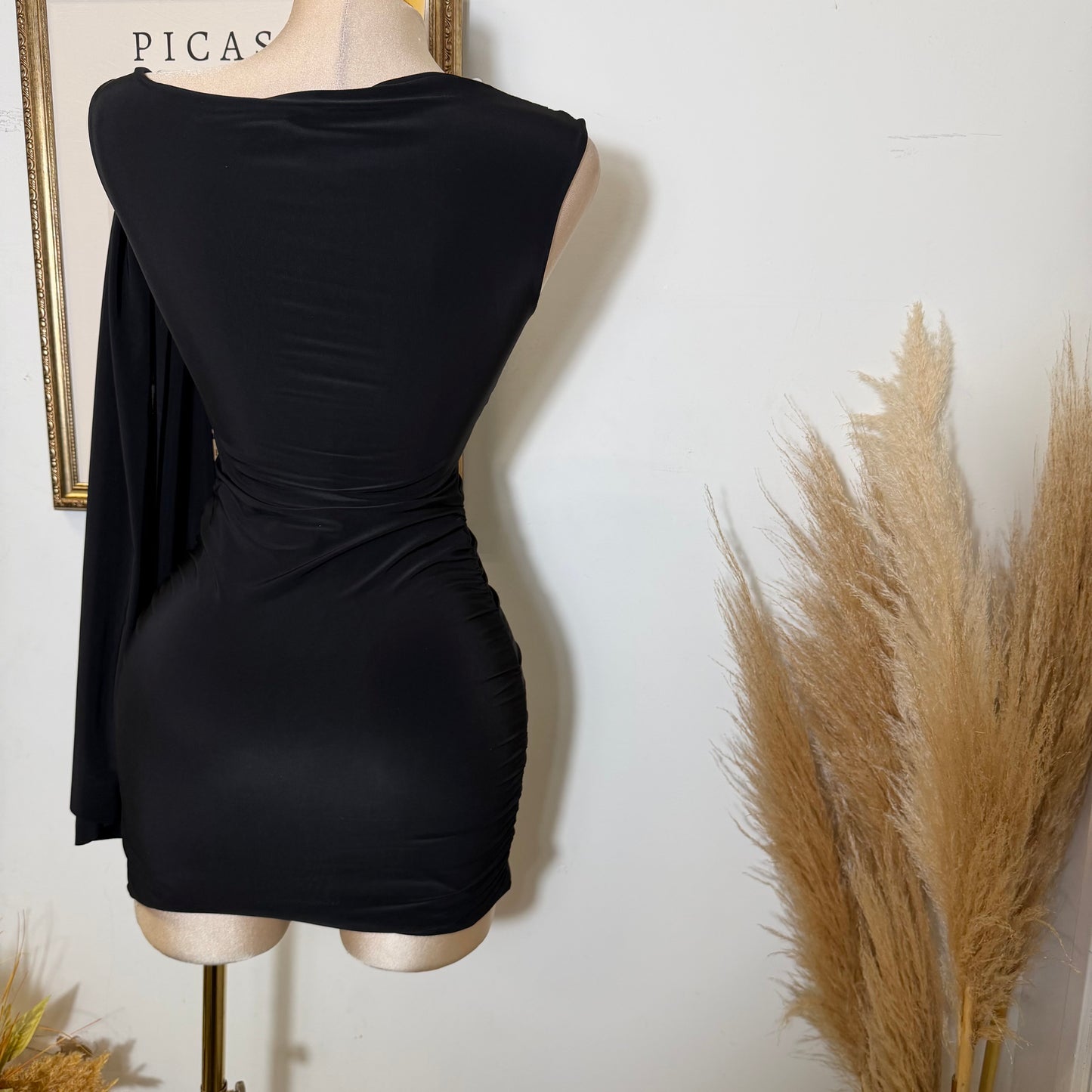 Off Shoulder Ruched Side Tie Mini Dress-Black
