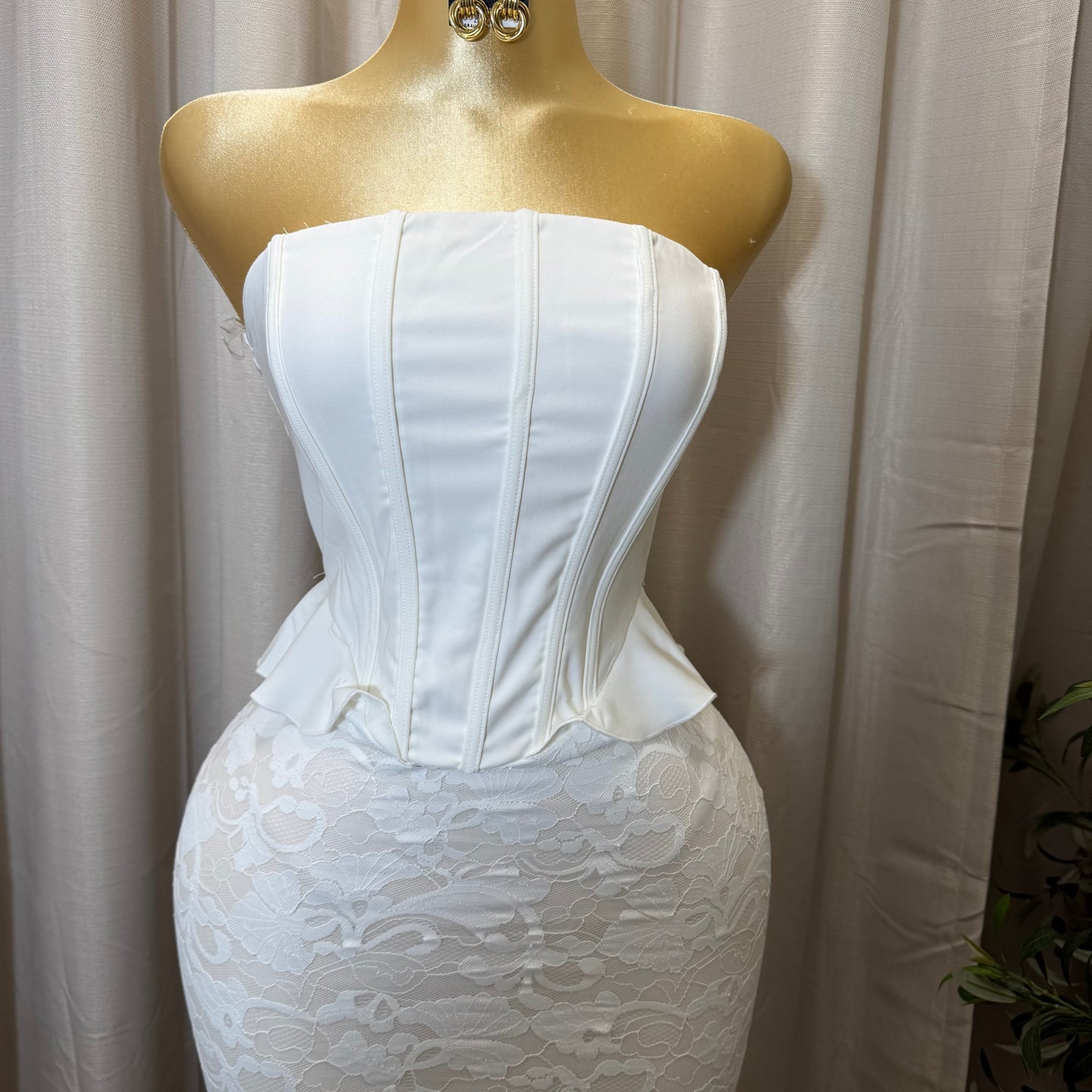 Strapless Corset Lace Midi Dress-White