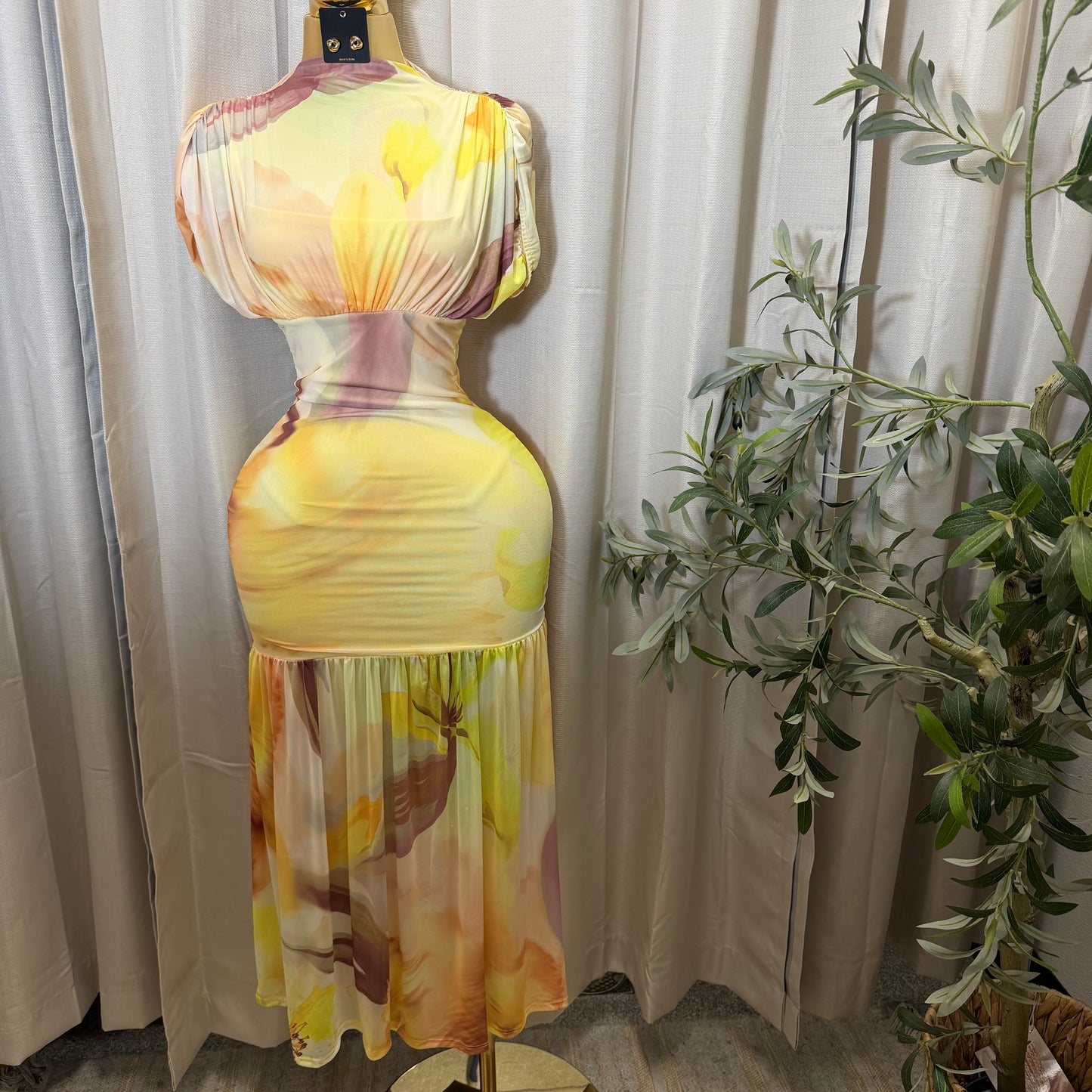 Mesh & Knit Mix Long Dress-Yellow Print