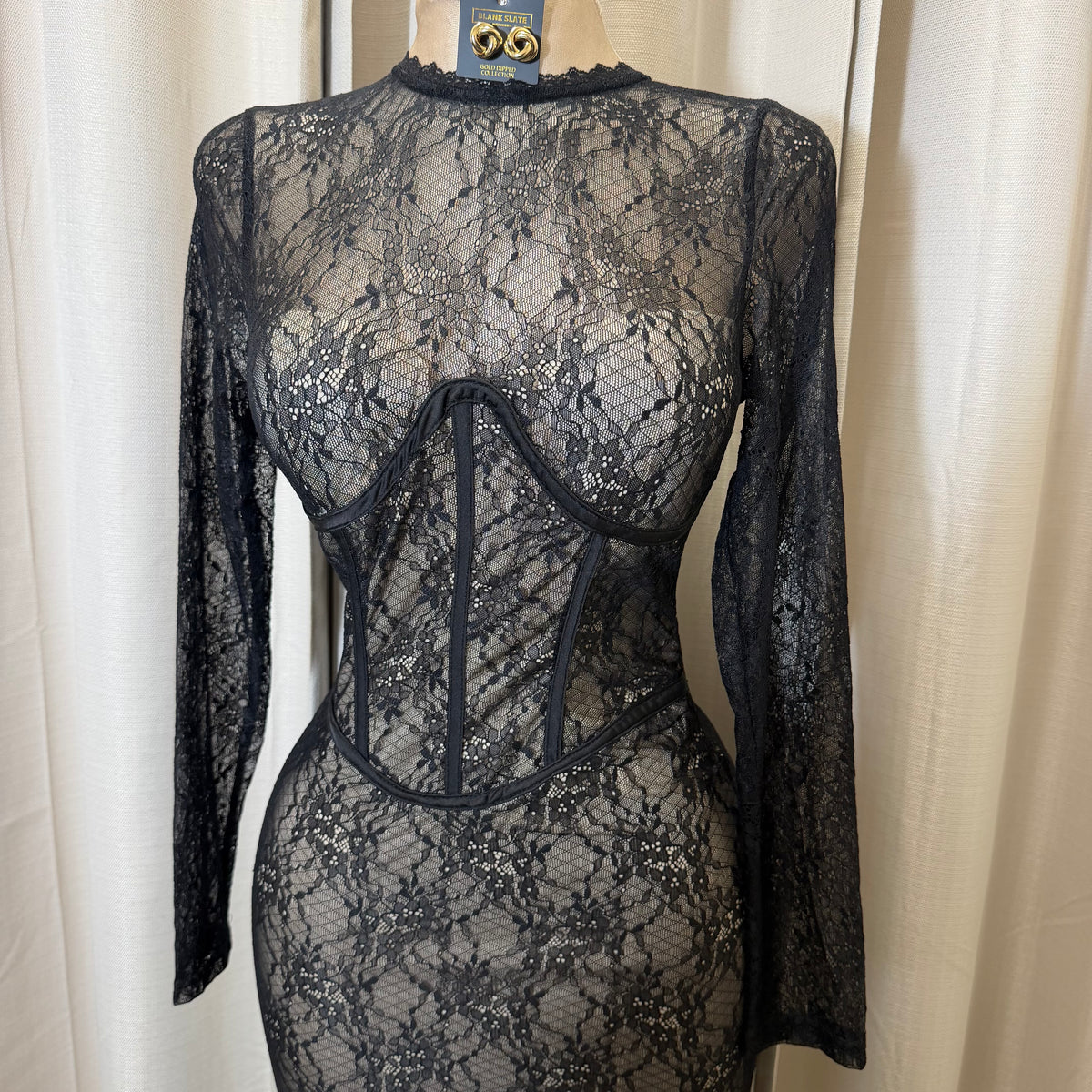 Lace  Long sleeve Sleeve Corset  Midi Dress-Black