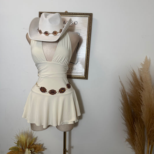 Sleeveless Open Back Halter Ruffle Romper-Beige