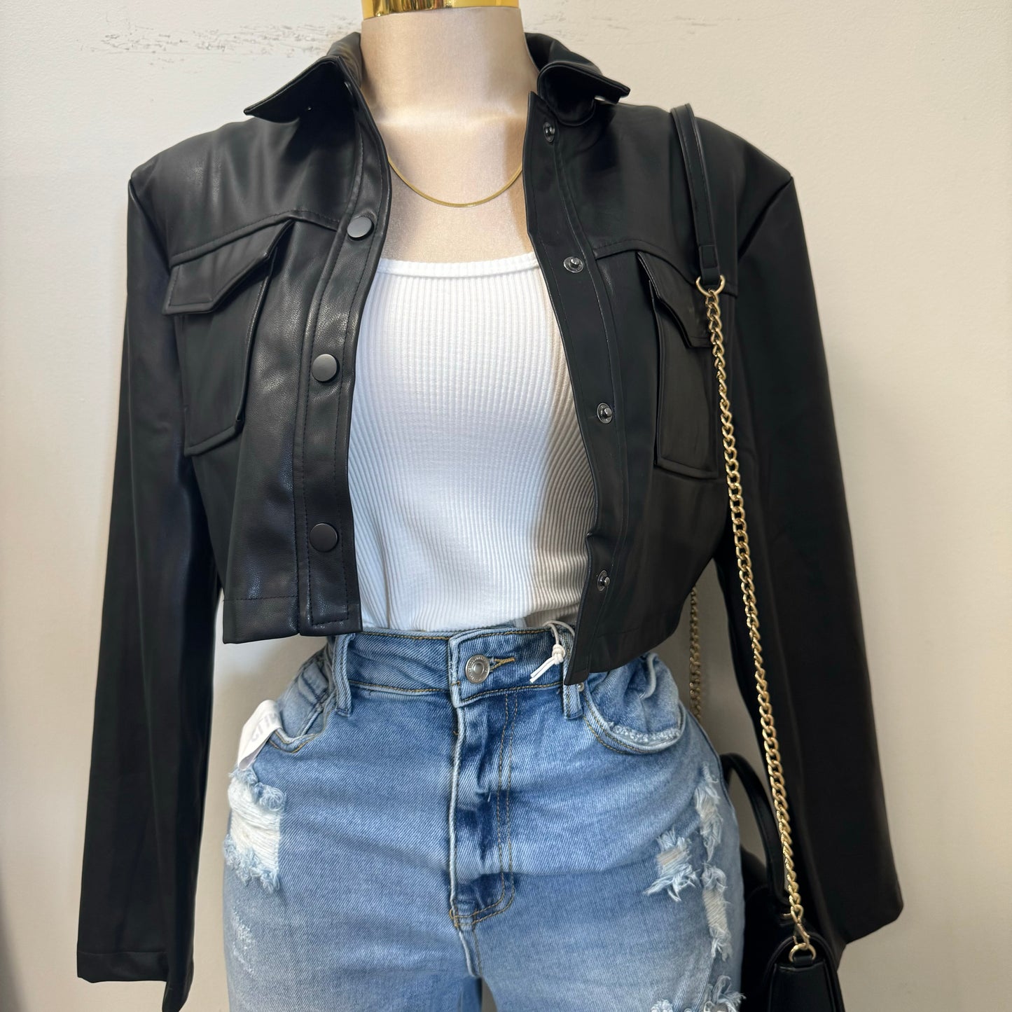 Lulu PU Leather Cropped Jacket-Black