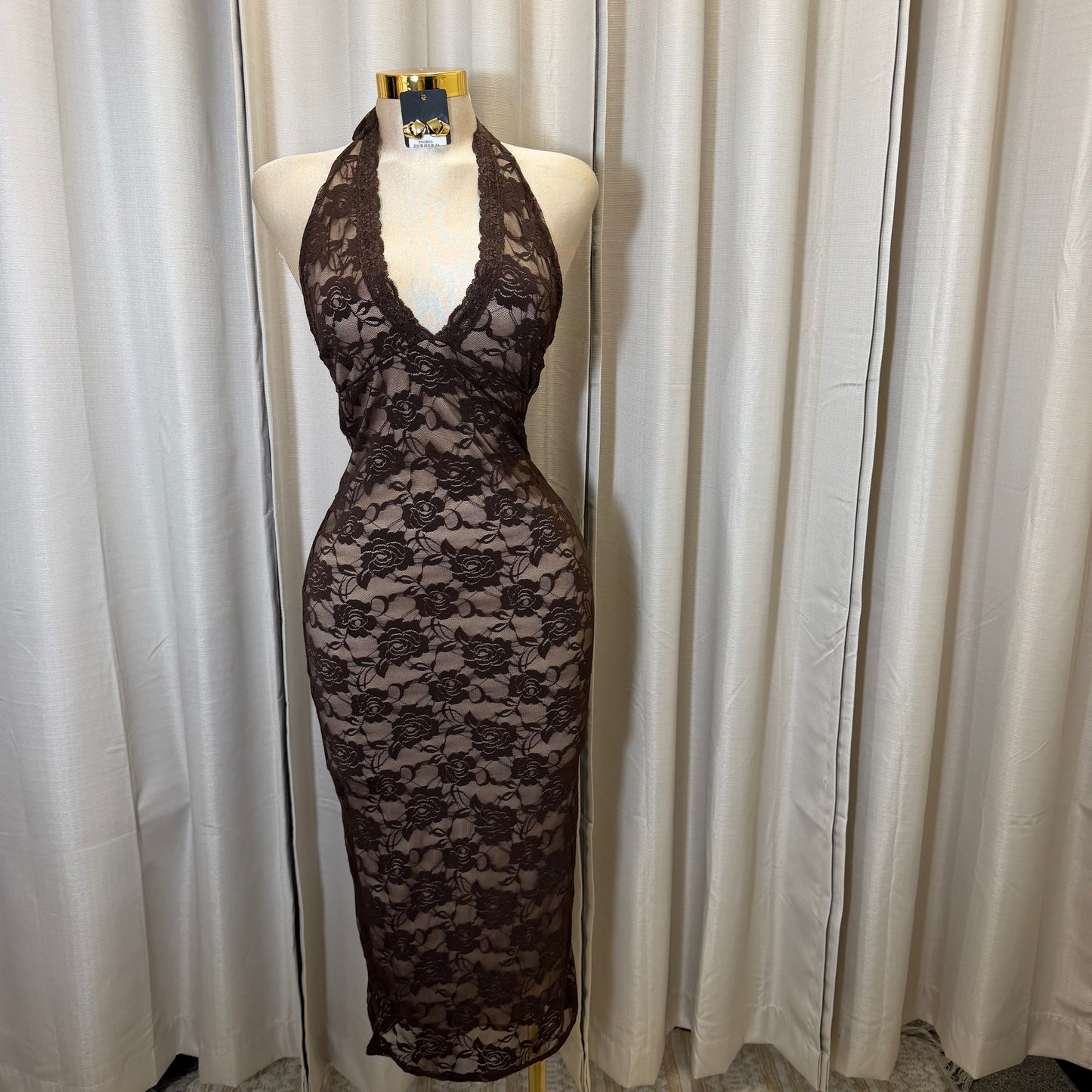 Halter back Tie Open back lace midi Dress-Brown