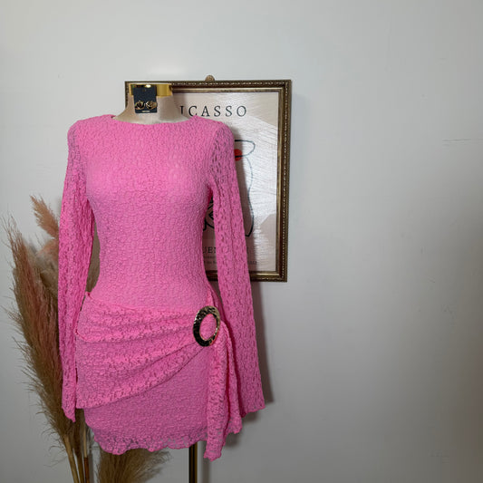 Long Sleeve Gold Detail Dress-Pink