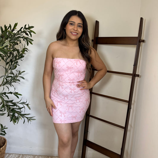 Bow Sequins Strapless Corset Dress-Pink