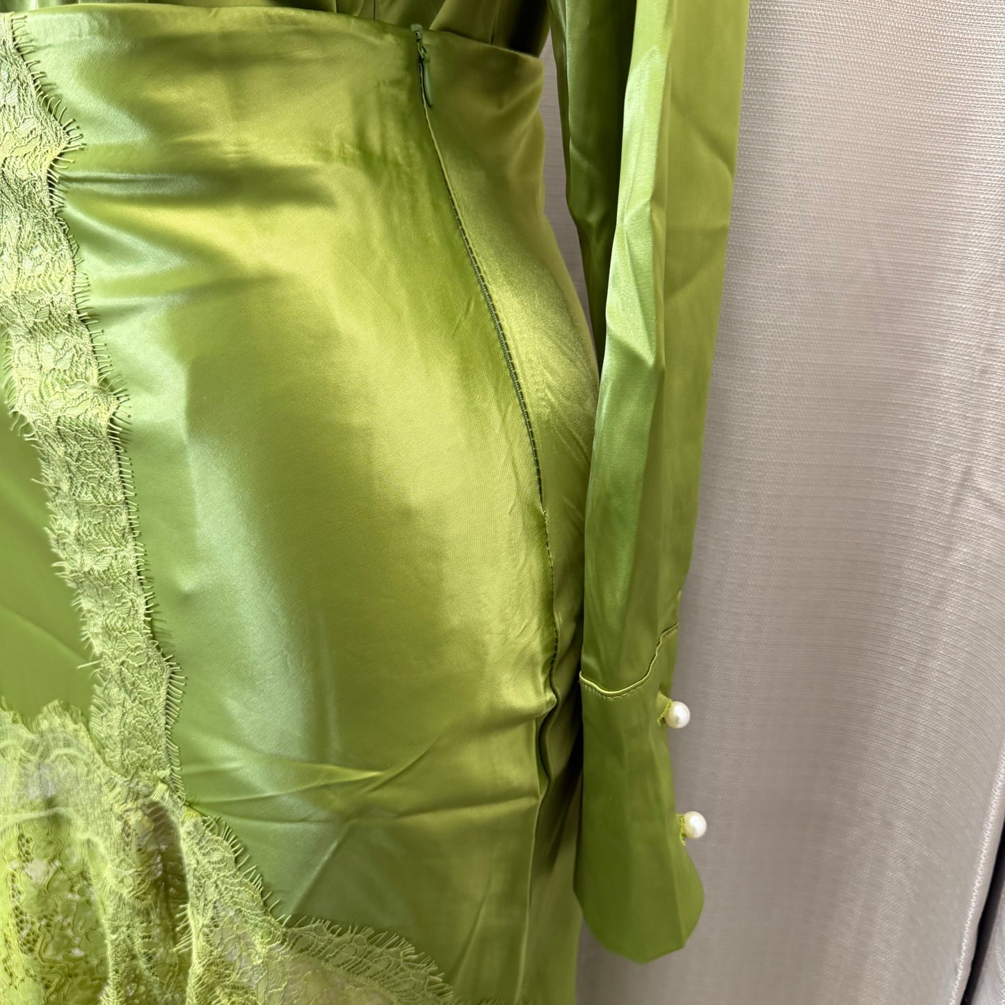 Satin Long Sleeve Top with Lace Skirt-Sage Green/Olive