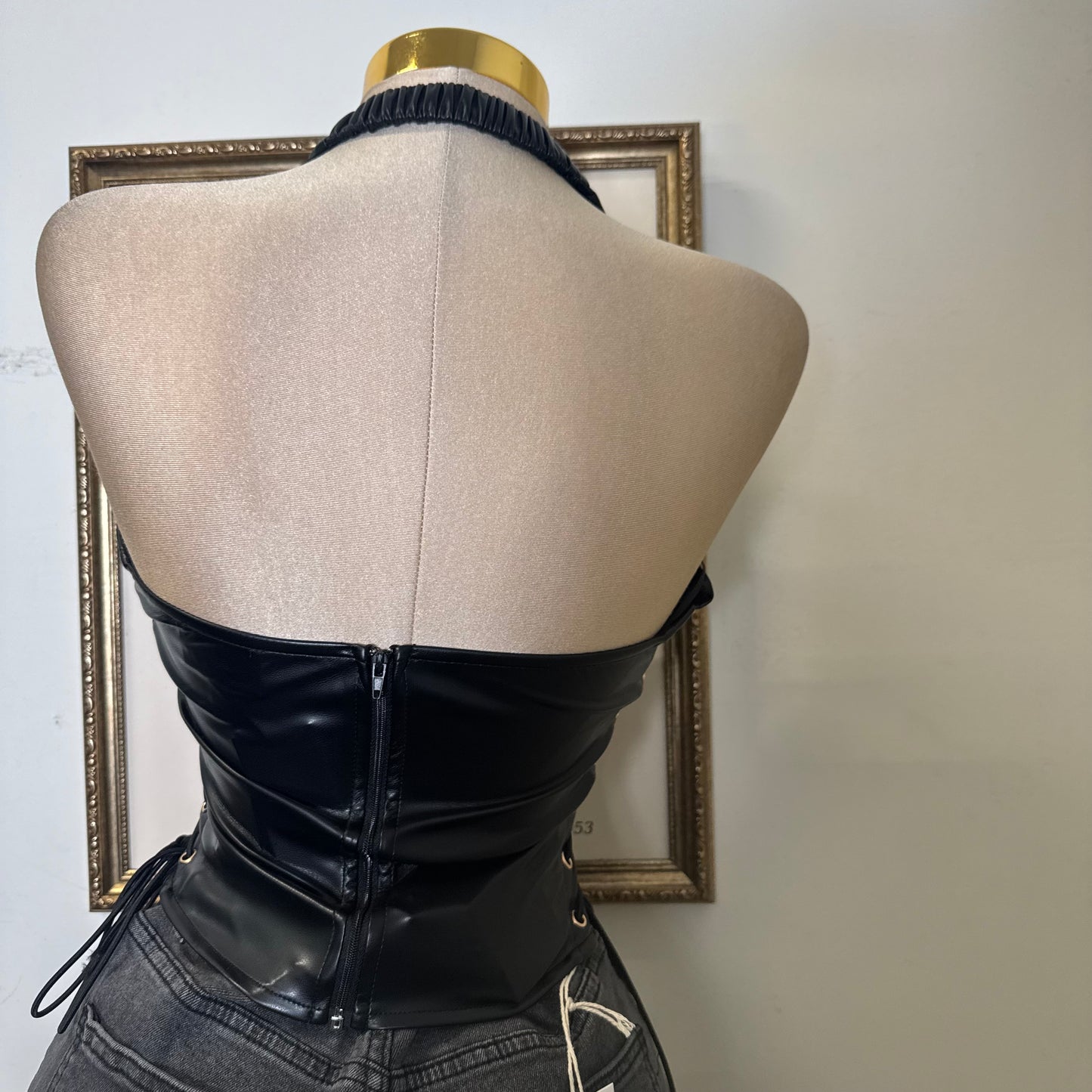 Eyelet Side Detail Halter Neck Corset Top-Black