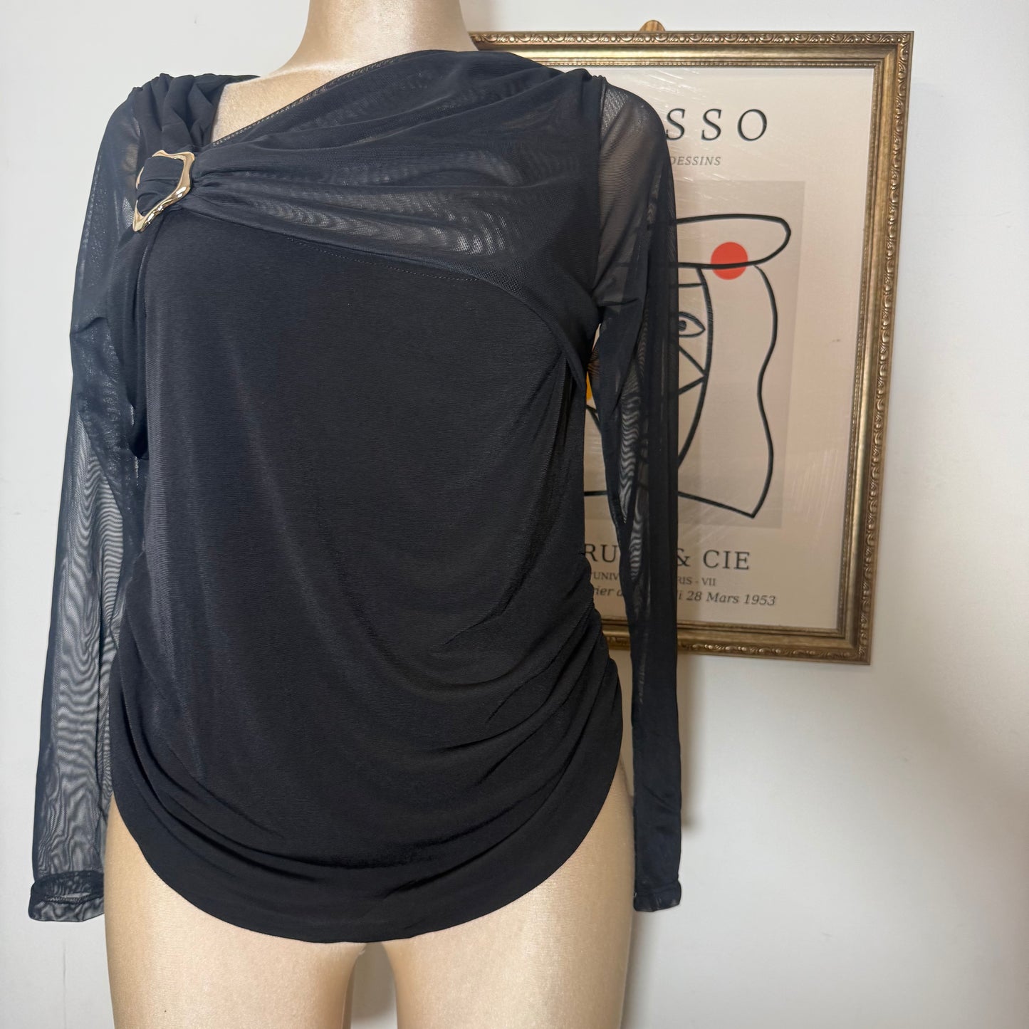 Long Sleeve Mesh Top with Gold Detail PL-Black