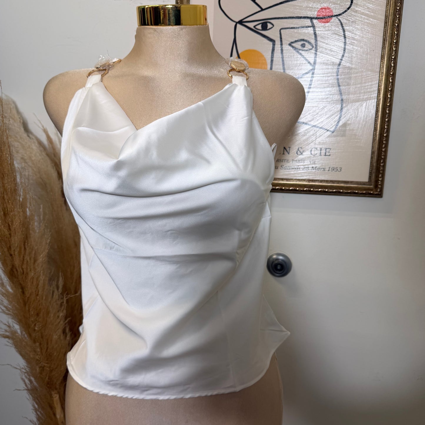 Satin Cowl-Neck Top w/ Gold Ring Details-White