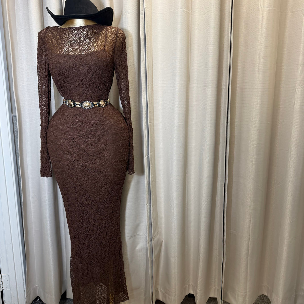 PL- Long sleeve Lace Midi Dress-Brown