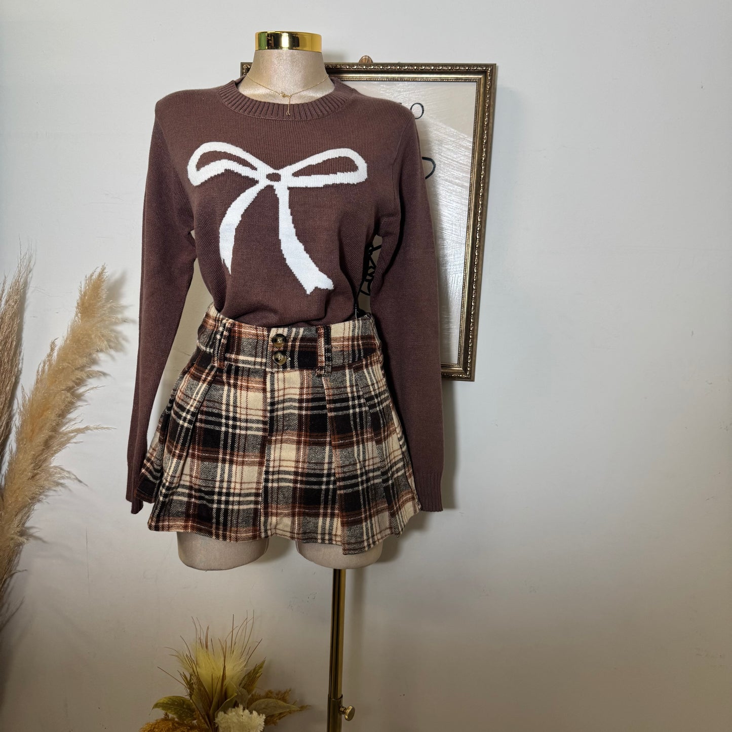 Ribbon Crew Neck Sweater Top-Chocolate