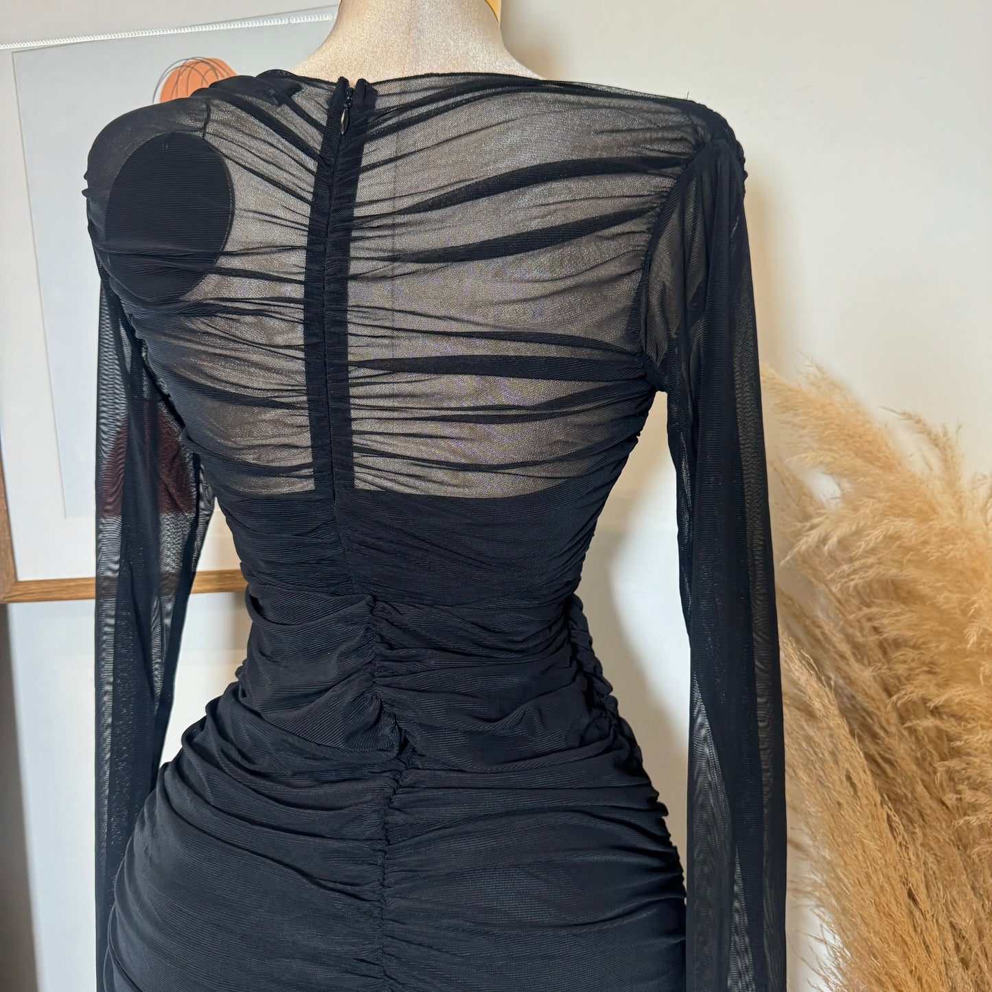 Long Sleeve Mesh Surplus Front Ruched Midi Dress-Black