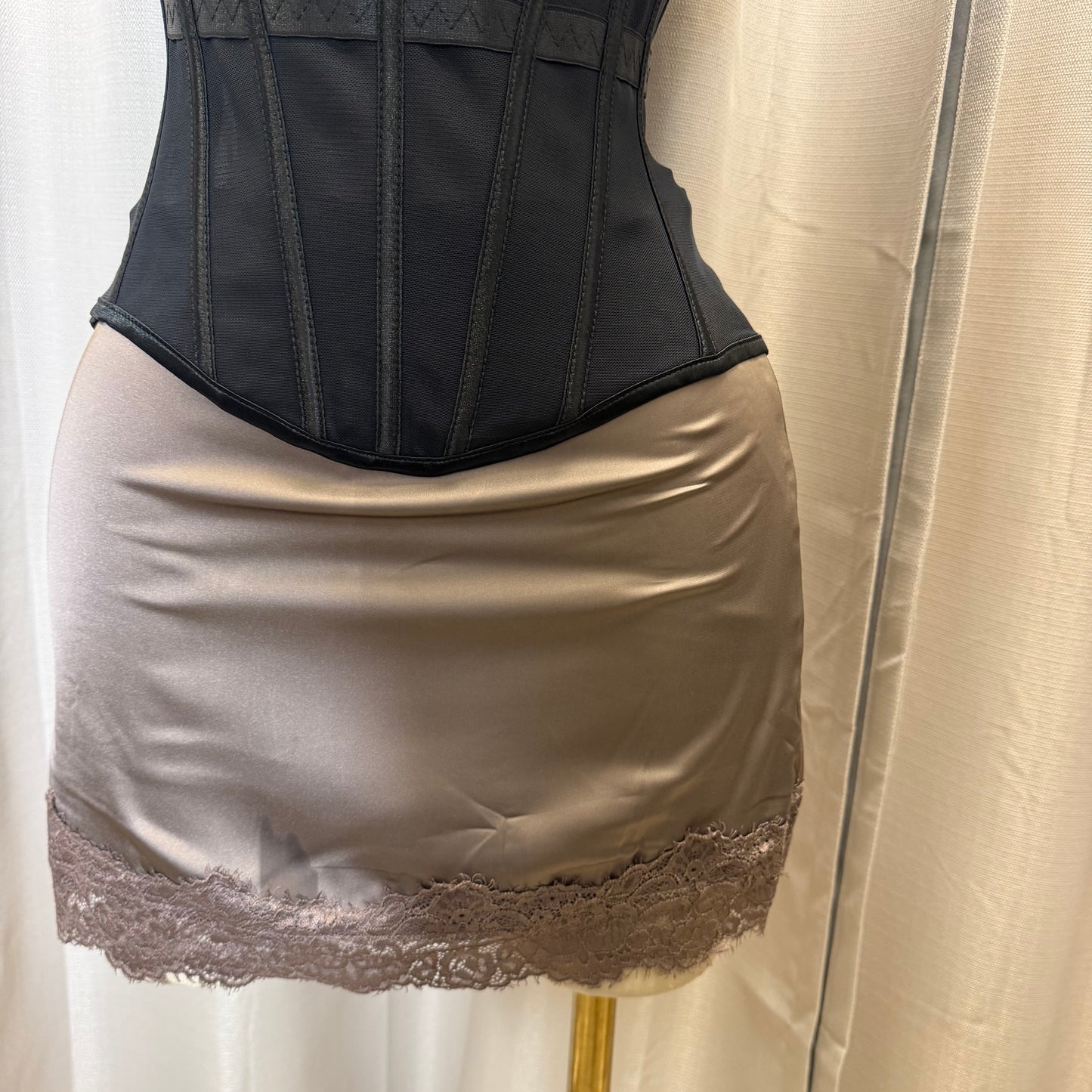 Satin Mini skirt with Lace Detail -brown