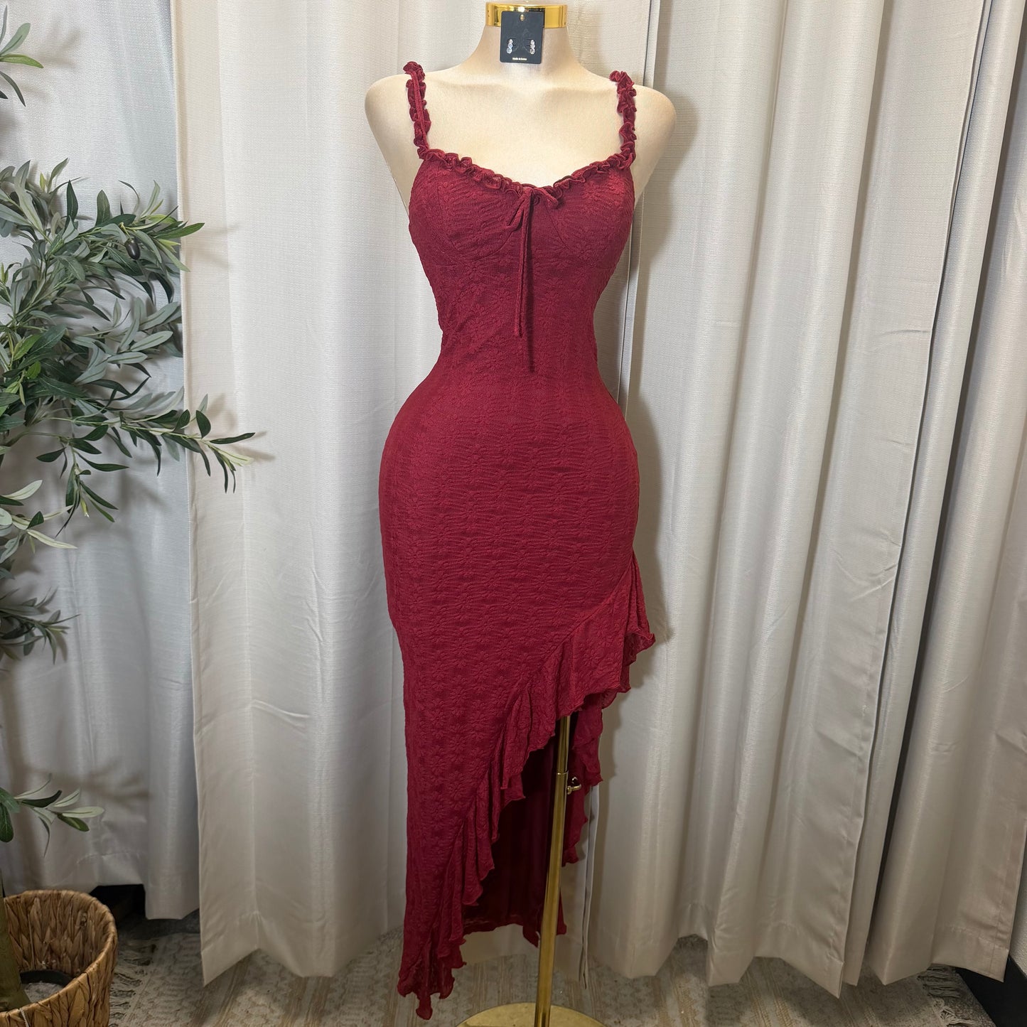 Daisy Asymmetric Skirt Midi Dress-Burgundy
