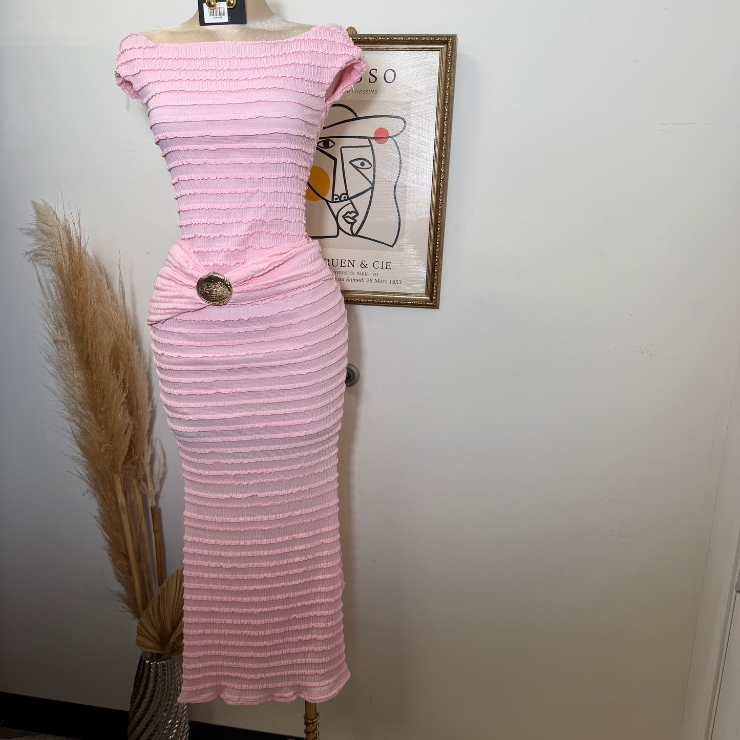 Textured Solid Off shoulder Maxi dress-Pink