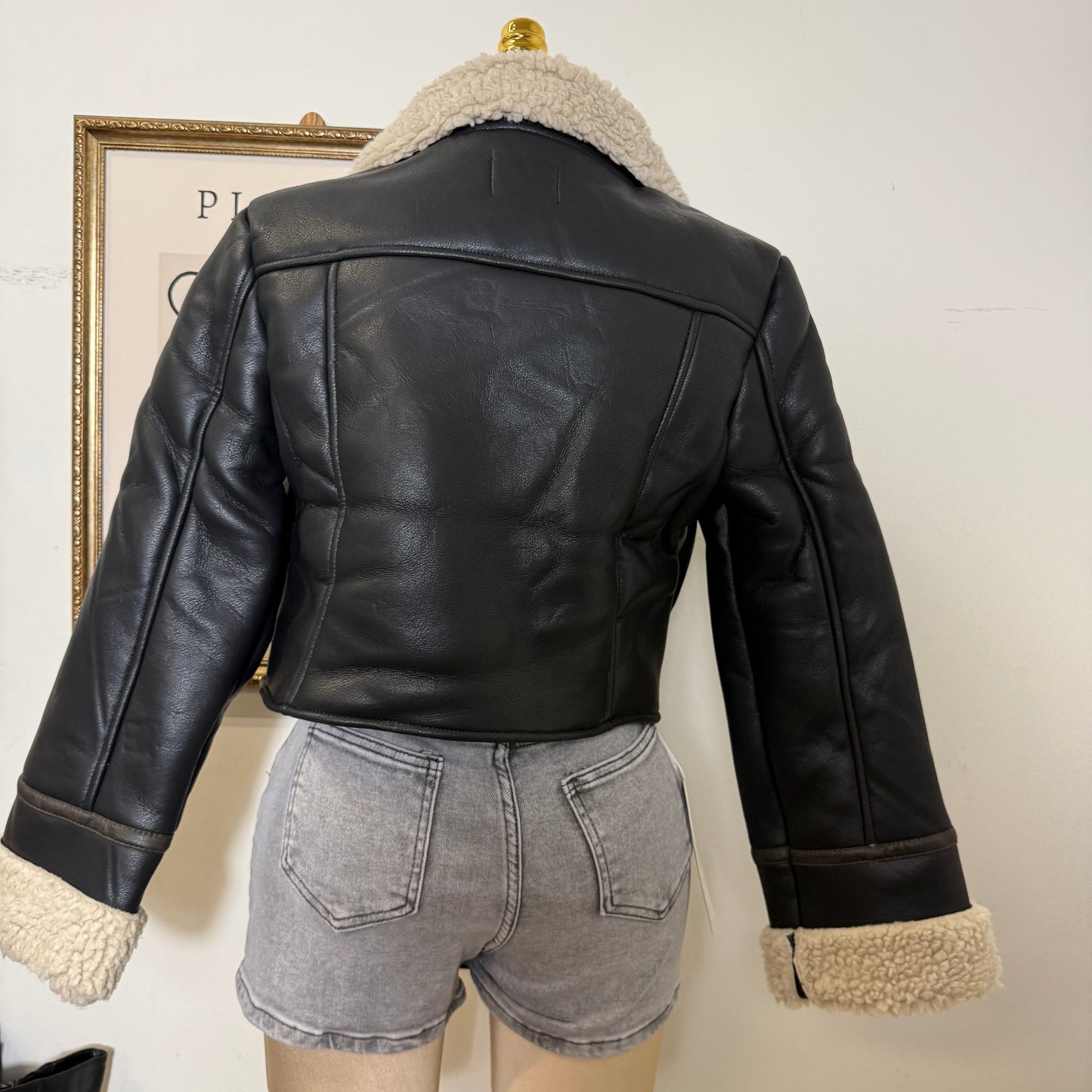 Sherpa lined Leather Jacket-Black