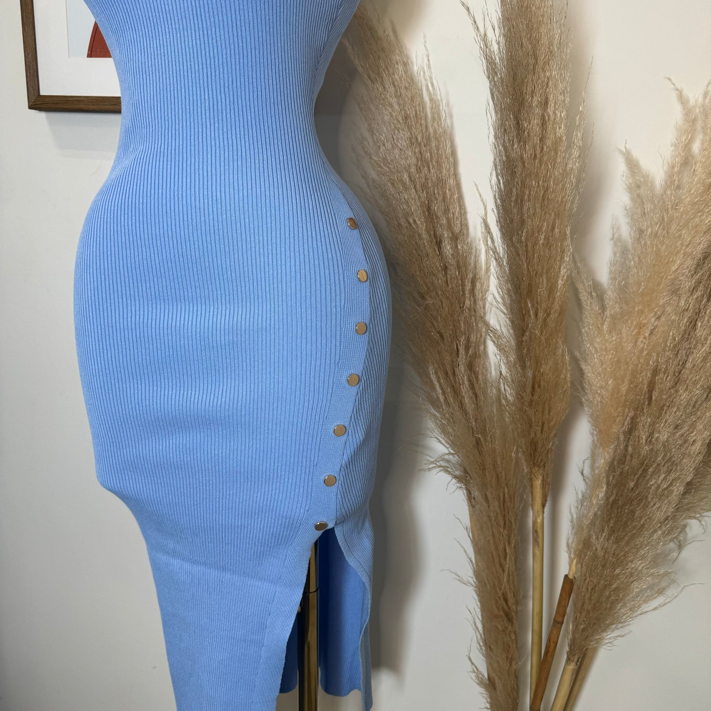 Cielito Open Slit Ribbed Midi Dress-Blue