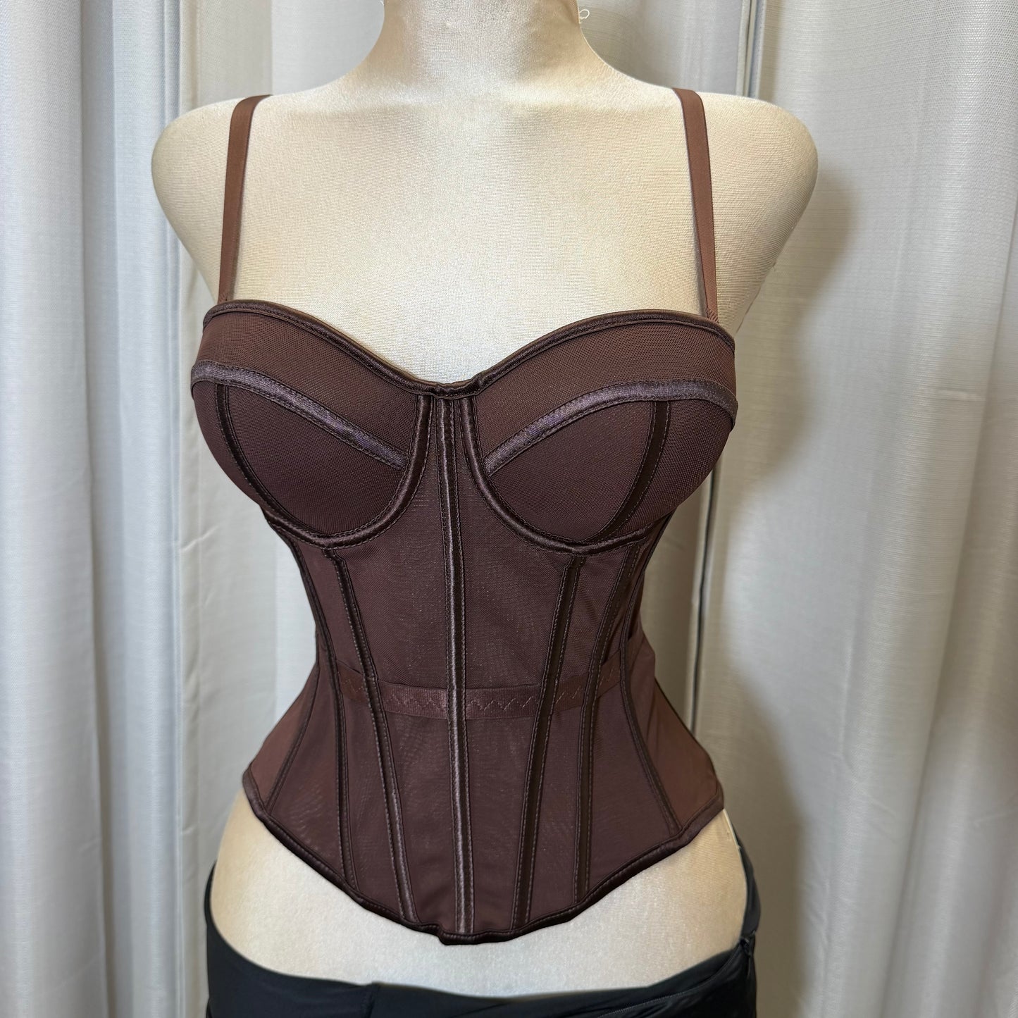 Long Body Mesh Corset Top-Brown