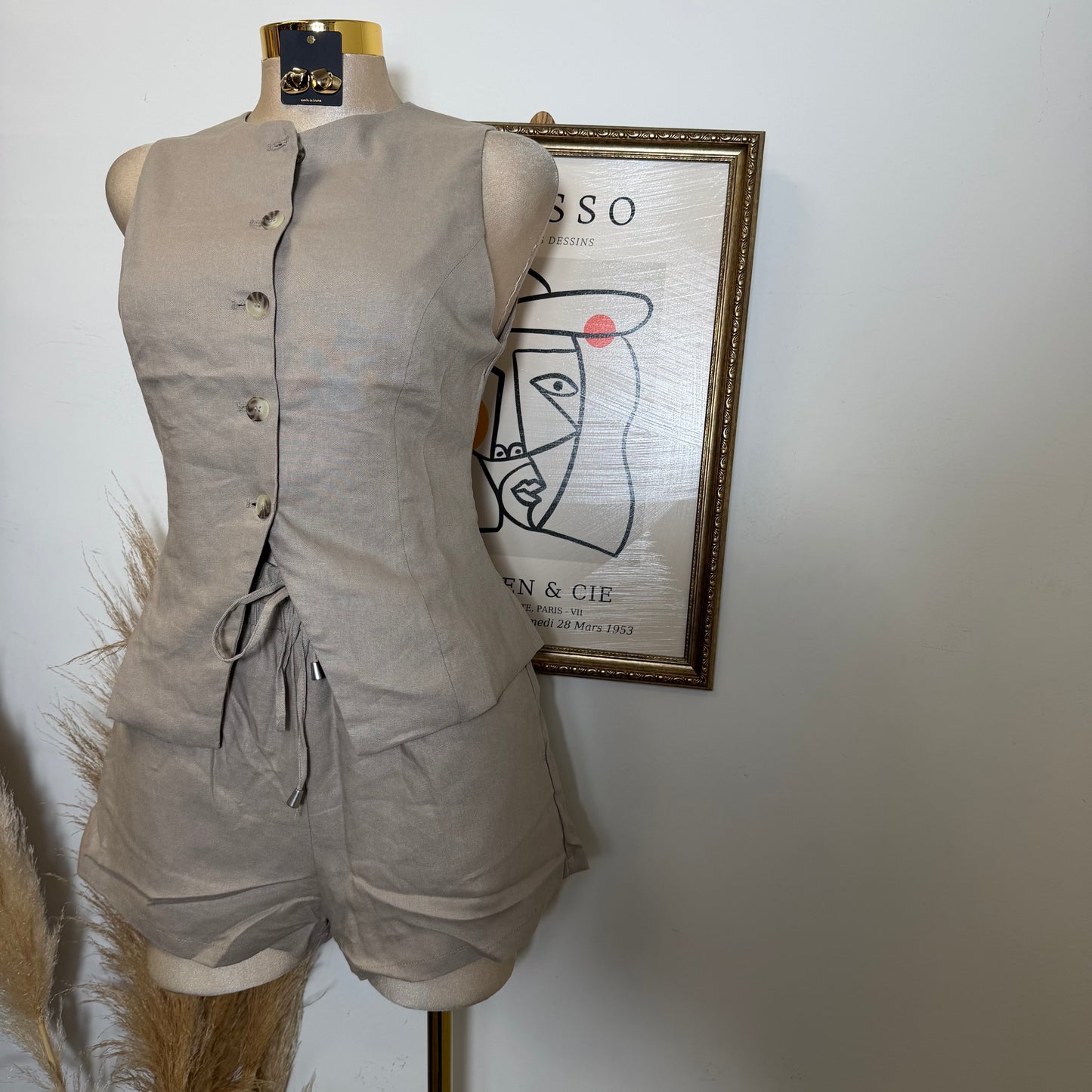 Vest Linen Set Shorts-Mushroom