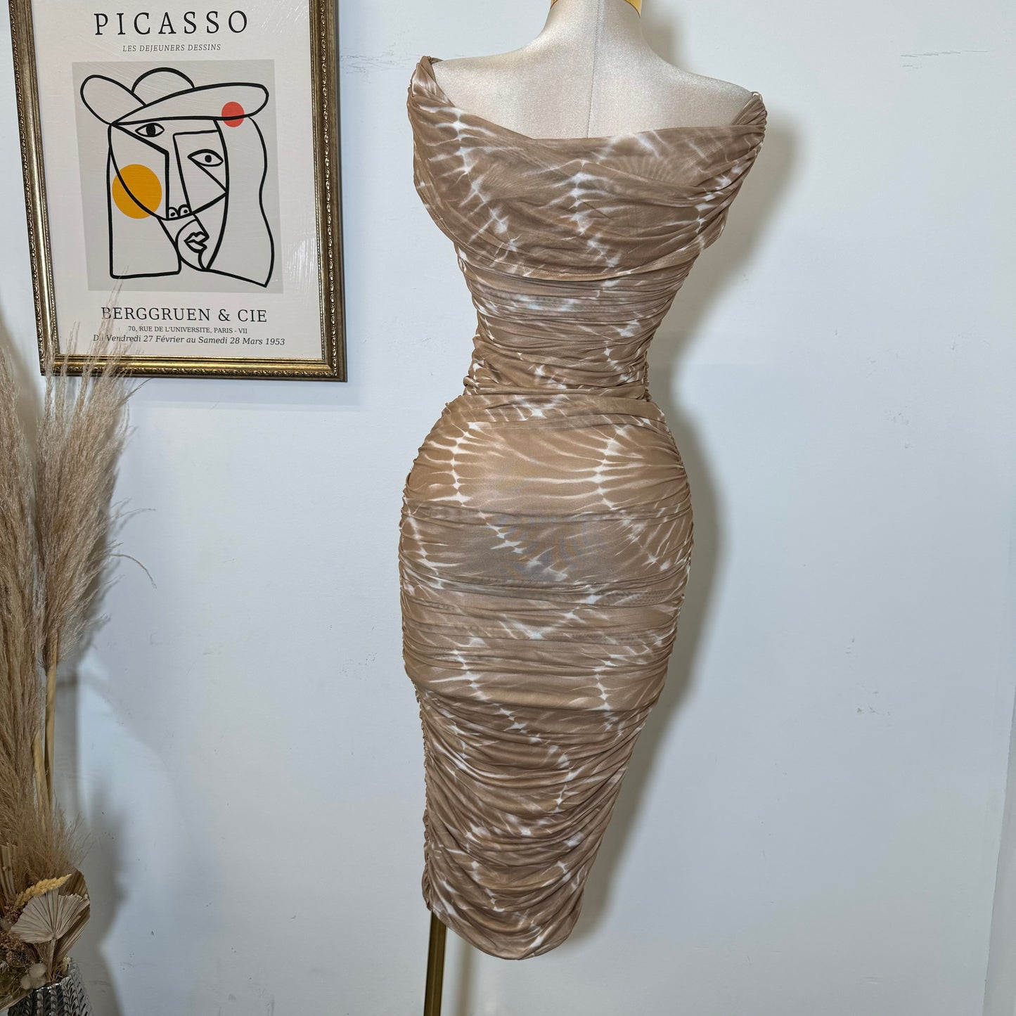 Off Shoulder Mesh Dress-Brown