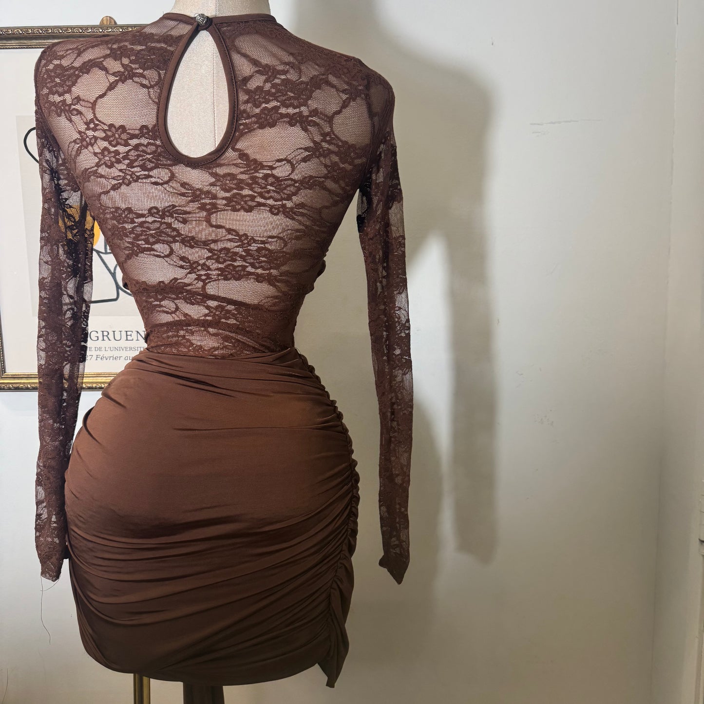 Long sleeve Lace Dress-Brown
