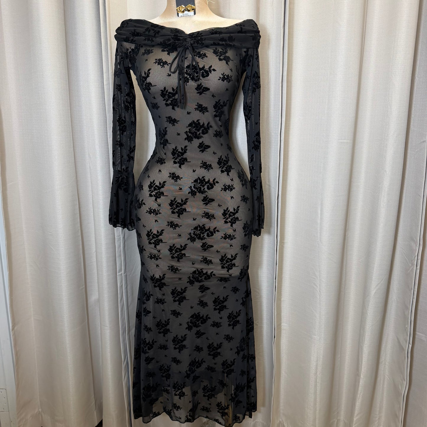 Flocked Long Sleeve Mesh off shoulder maxi Dress-Black/Nude