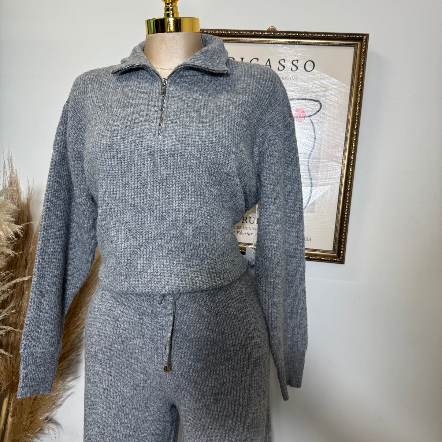 Quarter zip sweater and Pants Set-Heather Gray