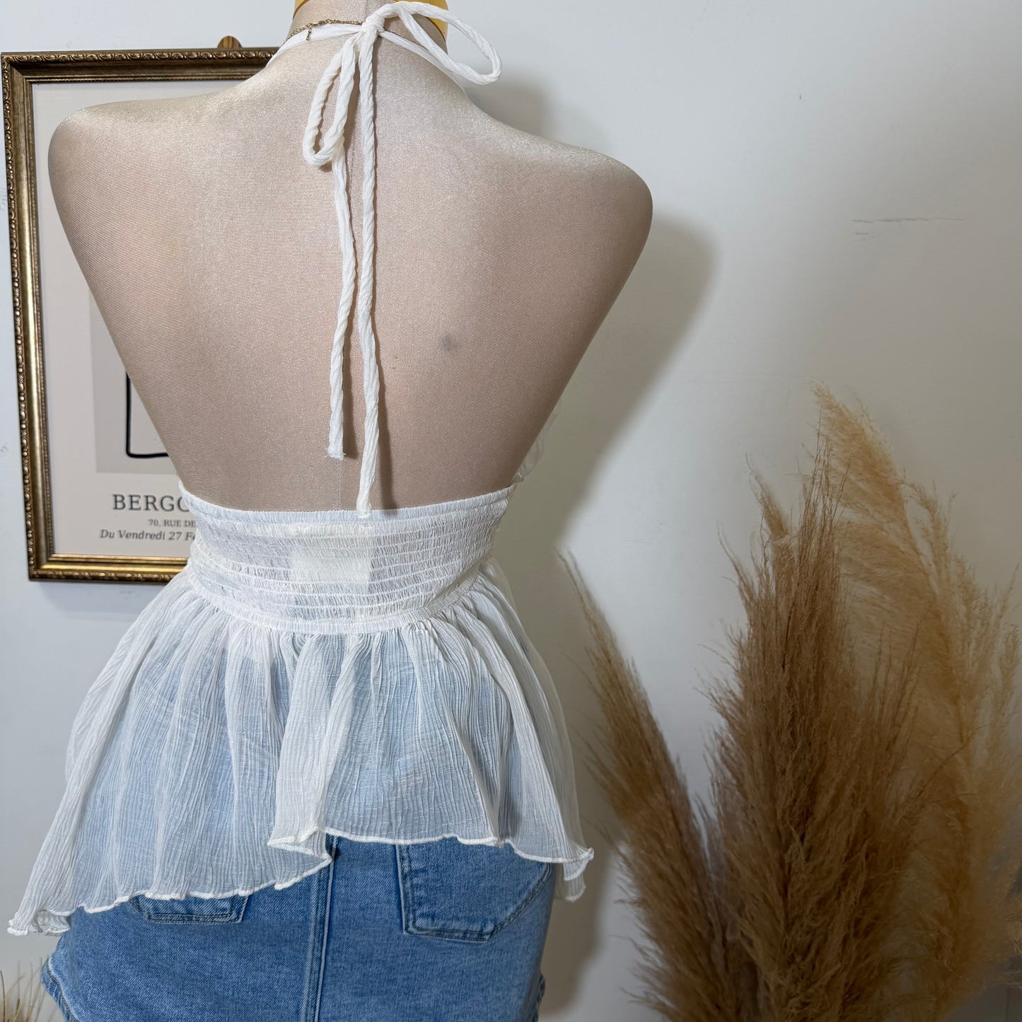 Textured Open back Top With Trim-Ivory