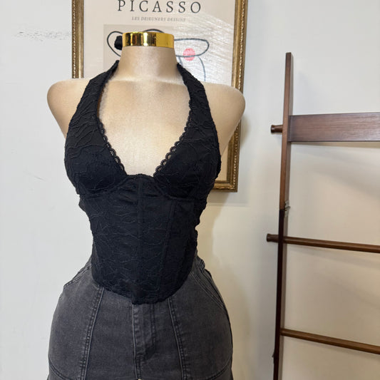 Textured Lace Halter Top-Black