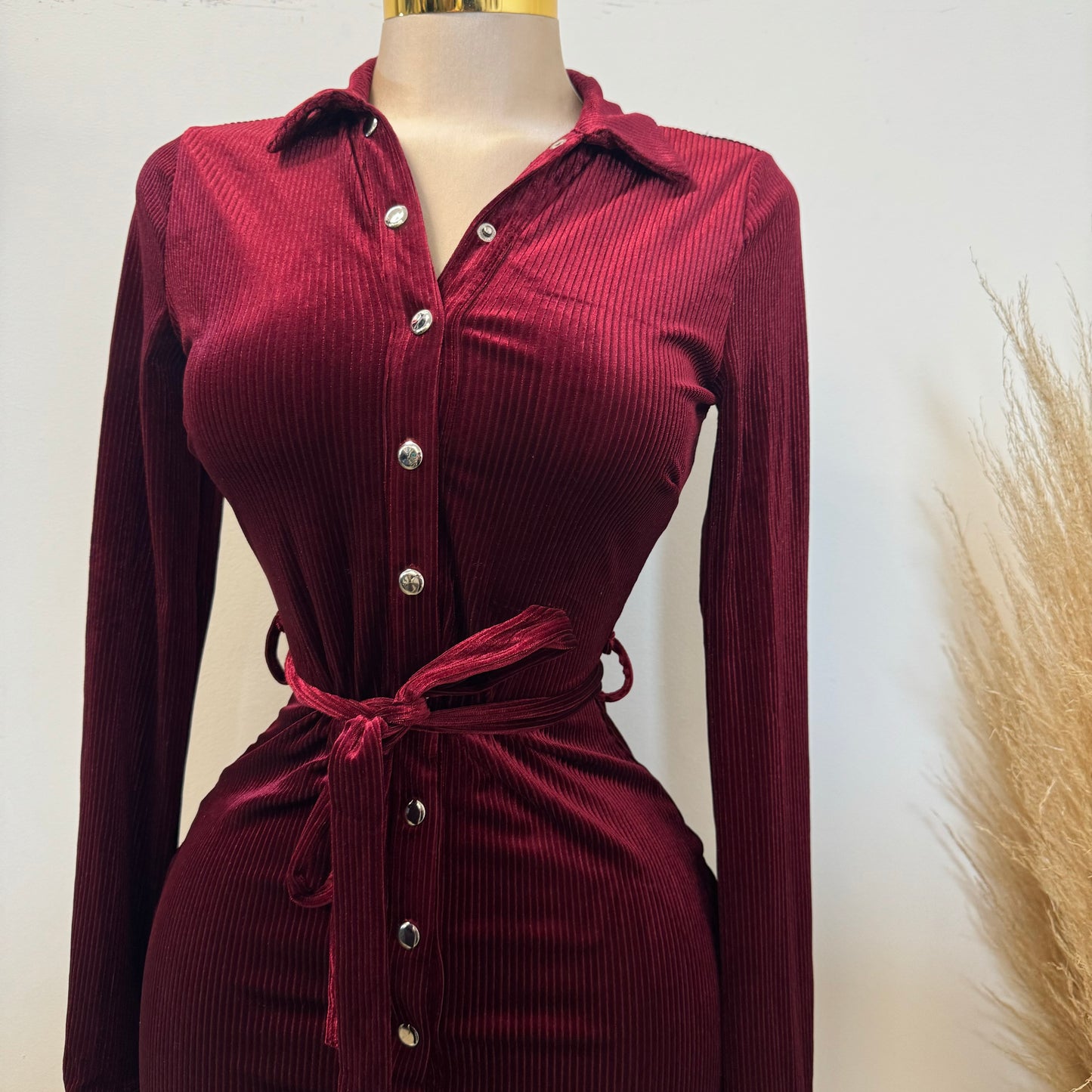 Lena Corduroy Button Down Midi Dress-Burgundy