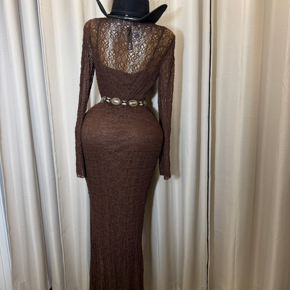 PL- Long sleeve Lace Midi Dress-Brown