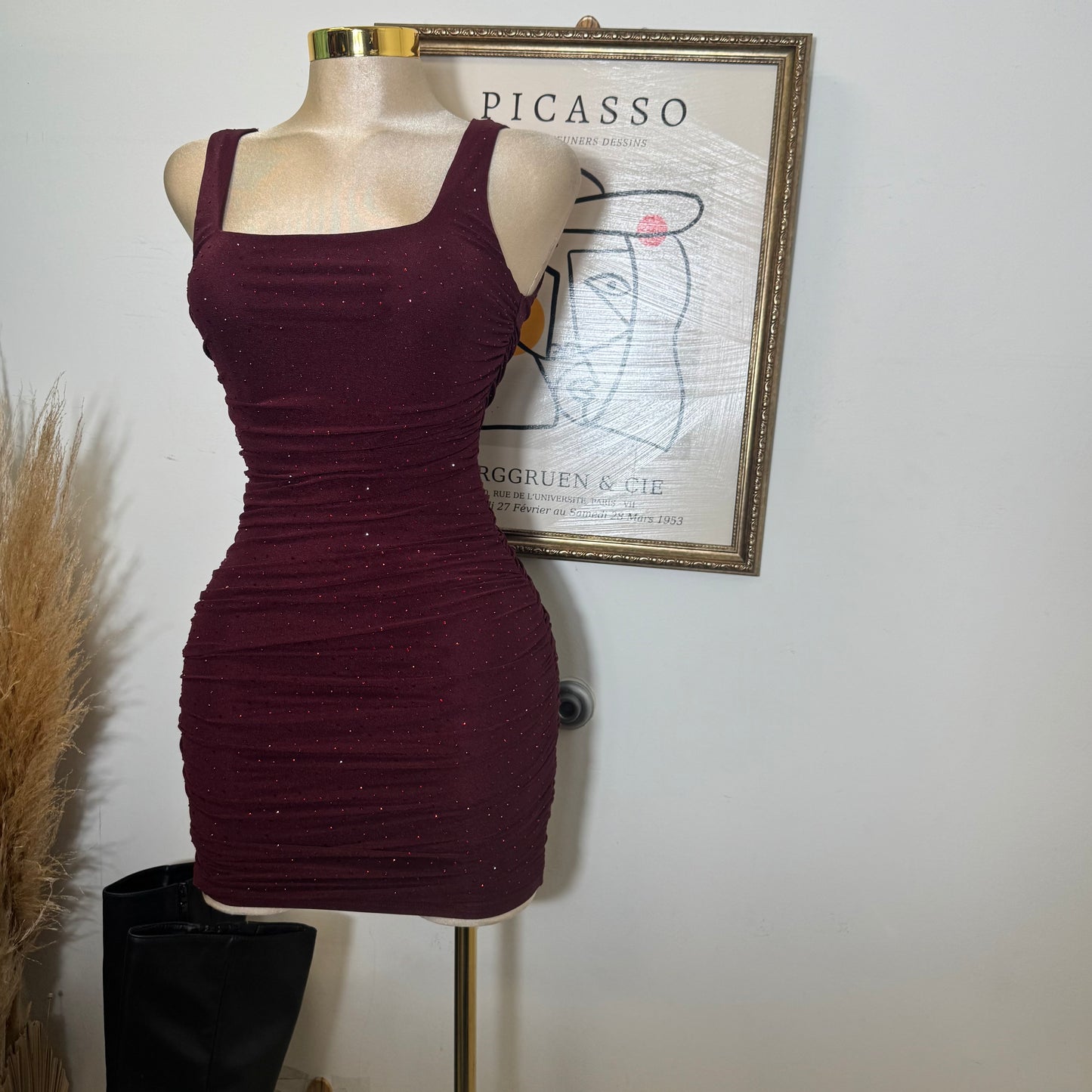 Jennica Rhinestone Dress-DK Cherry