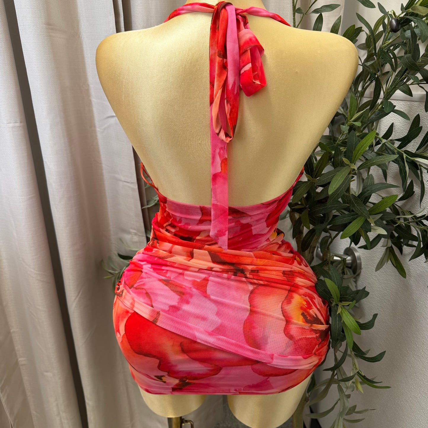 Floral Mesh Mini Dress-Red