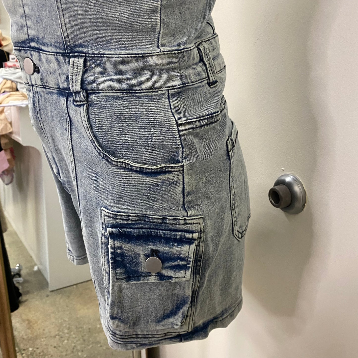 Isla Denim Cargo Romper-Light Wash