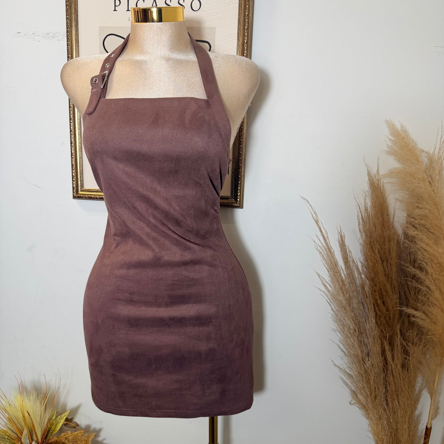 Halter Neck Suede Mini Dress-Brown