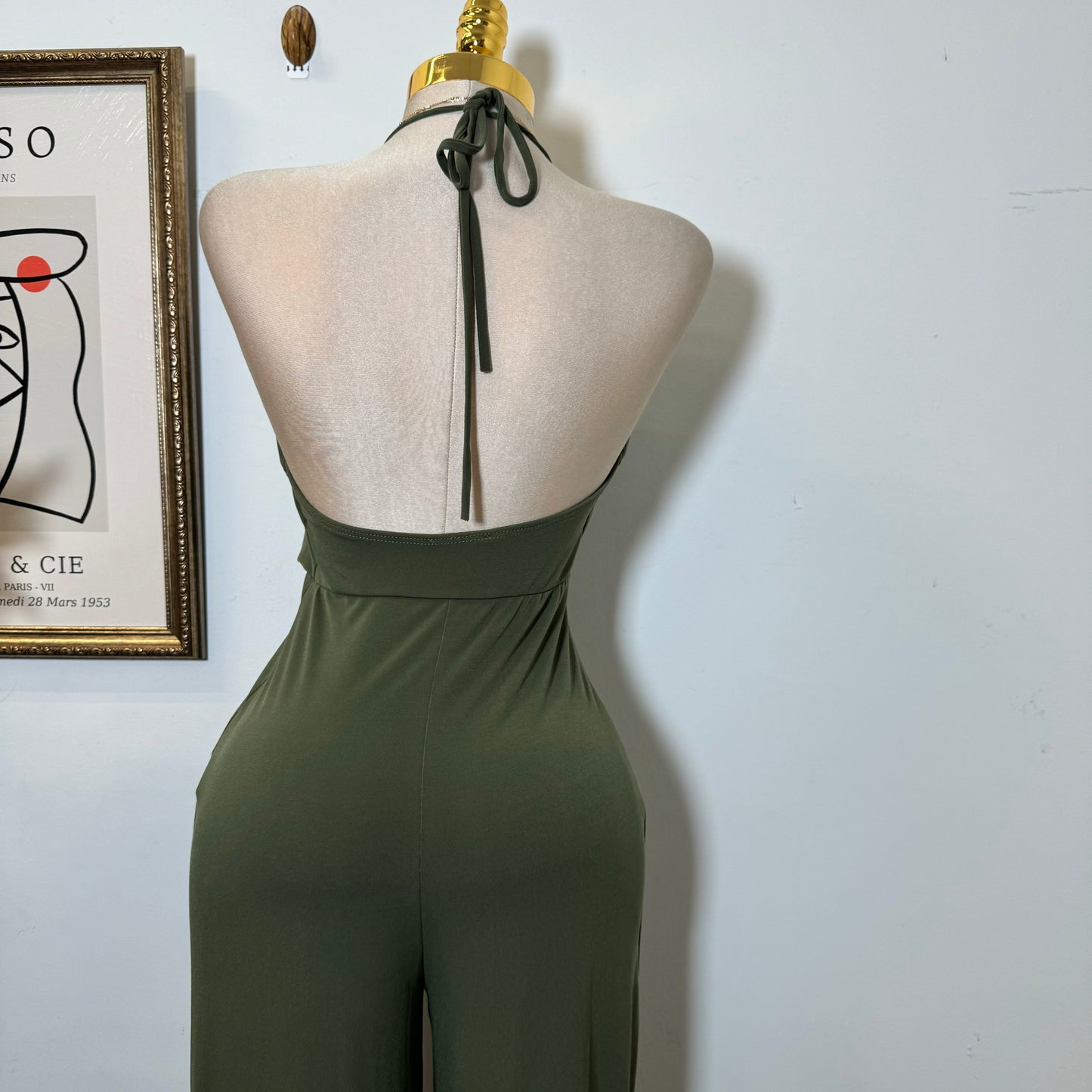 Bead Cowl Neck Halter Jumpsuit-Green