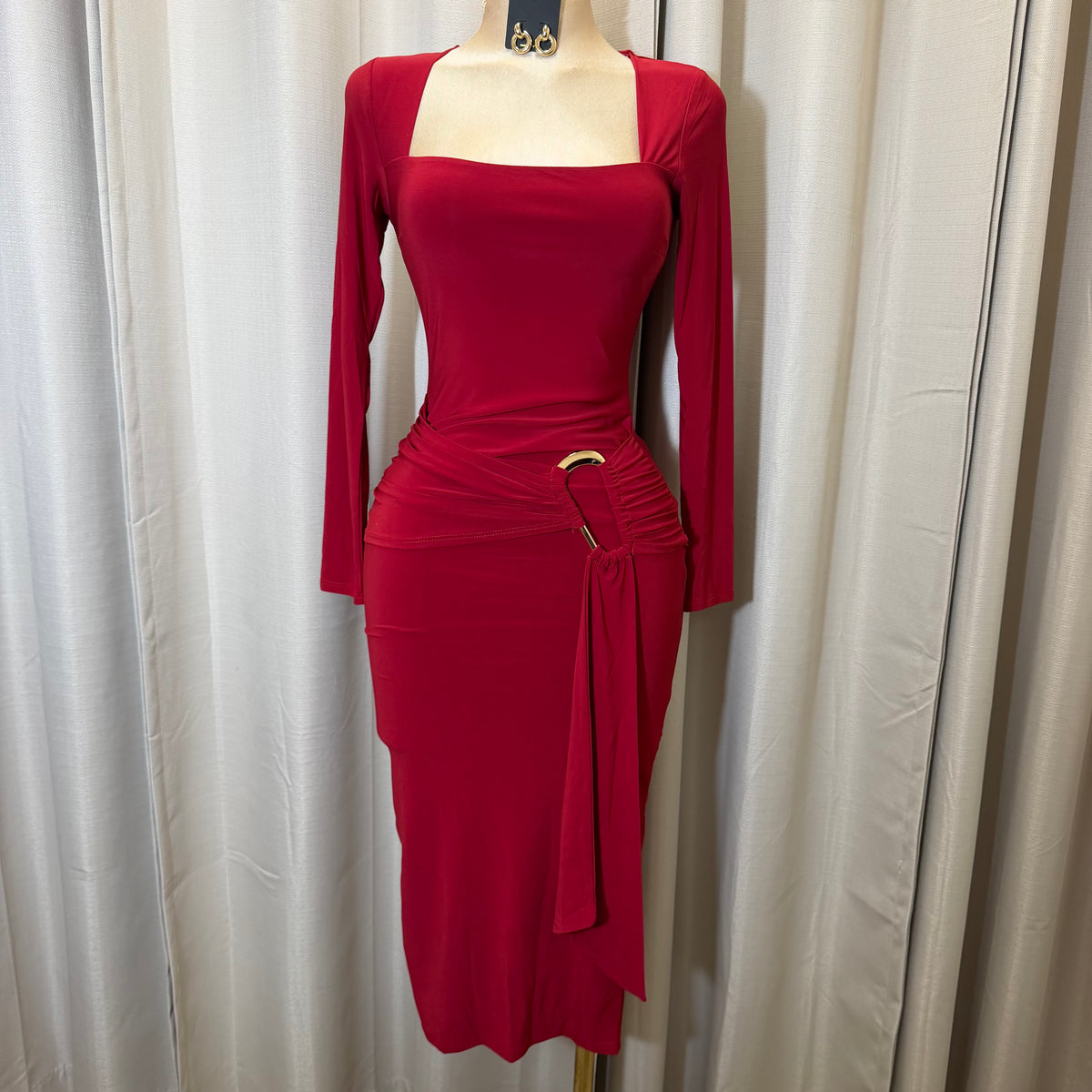 Square Neck Gold Trim Midi Dress-Burgundy