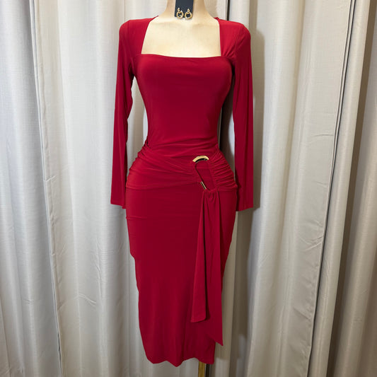 Square Neck Gold Trim Midi Dress-Burgundy